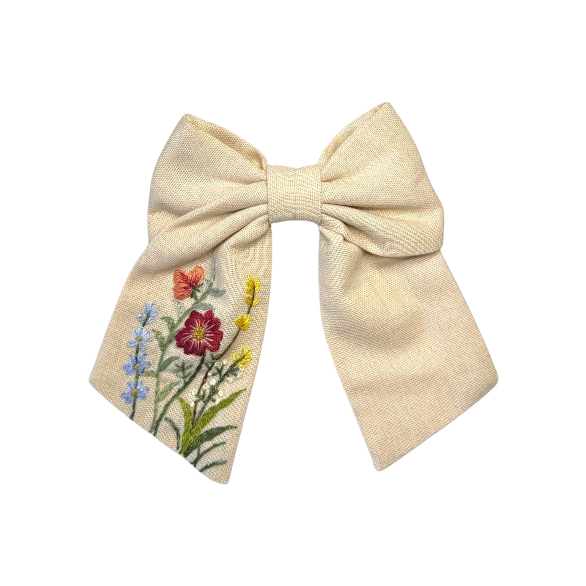 Bright Red Flowers Hand Embroidery Beige Hair Barrette