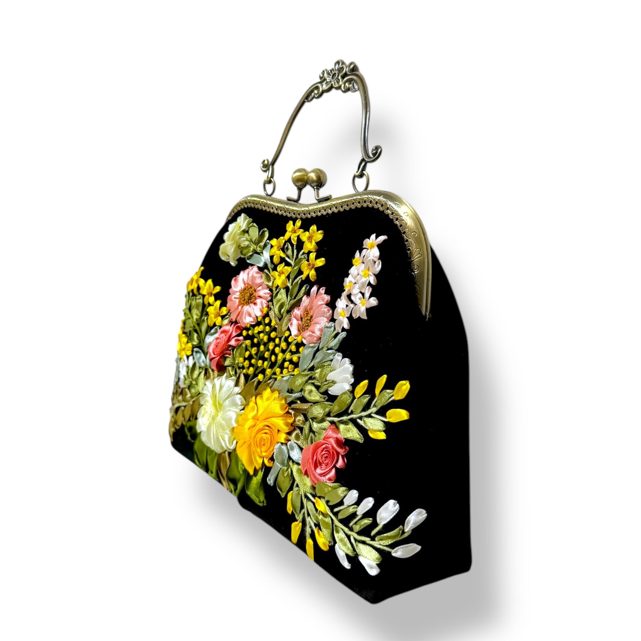 Floral Ribbon Embroidery Clutch Velvet Bag