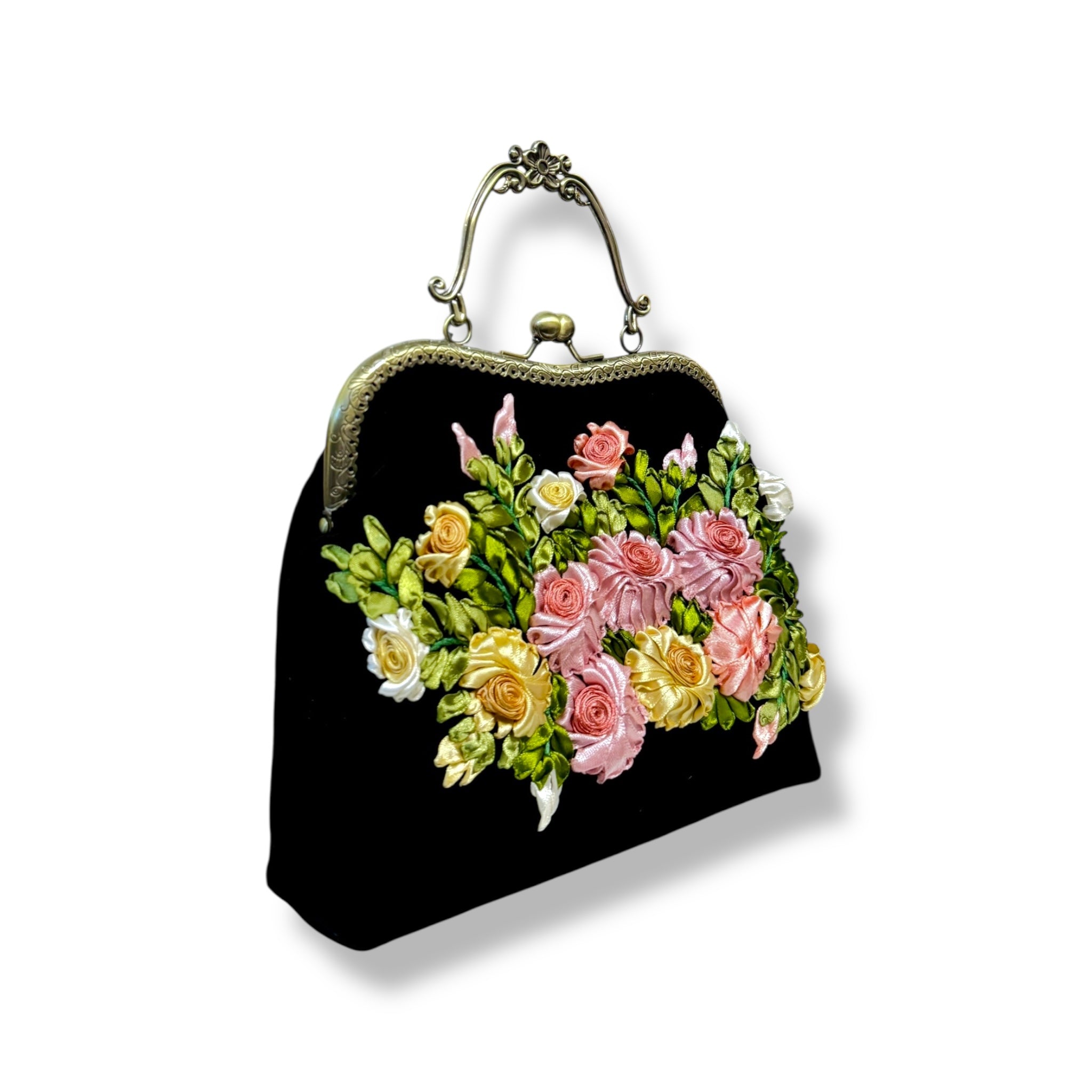 Pink Roses Bouquet Velvet Ribbon Embroidery Clutch Velvet Bag