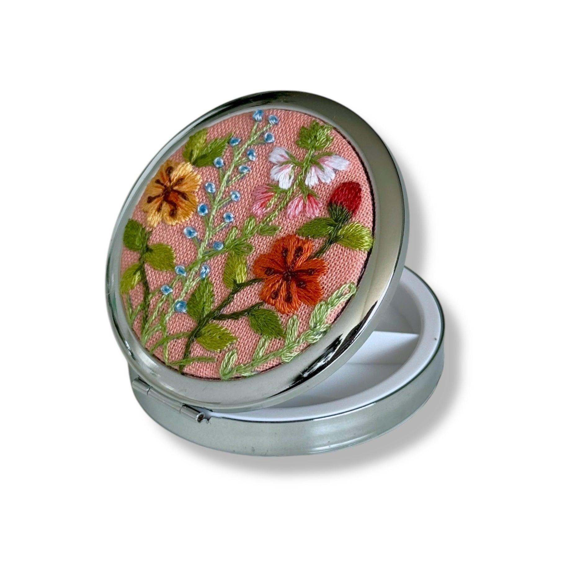 Pinky Floral Hand Embroidery Compact Container