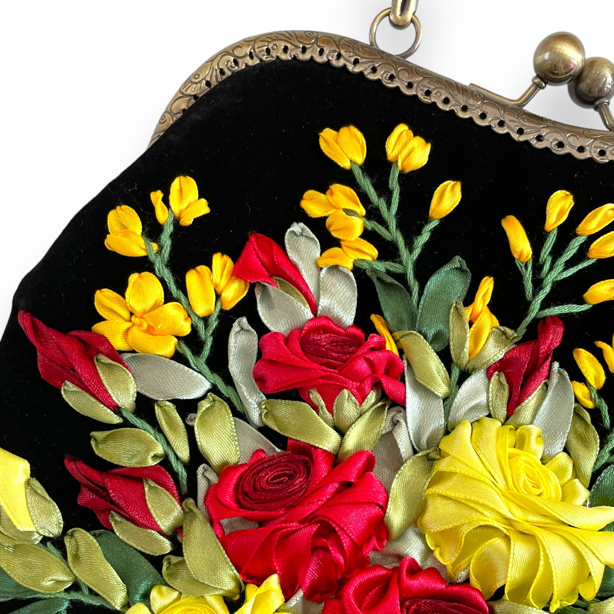 Roses Bouquet Ribbon Embroidery Clutch Velvet Bag