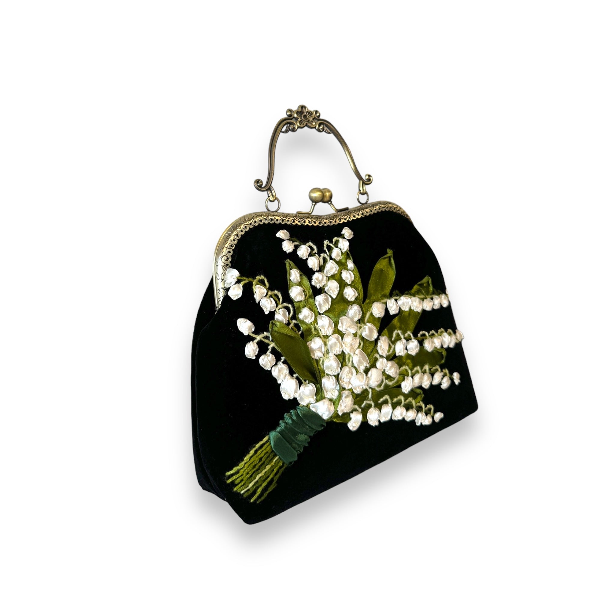 Lily of the Valley Ribbon Embroidery Clutch Velvet Bag