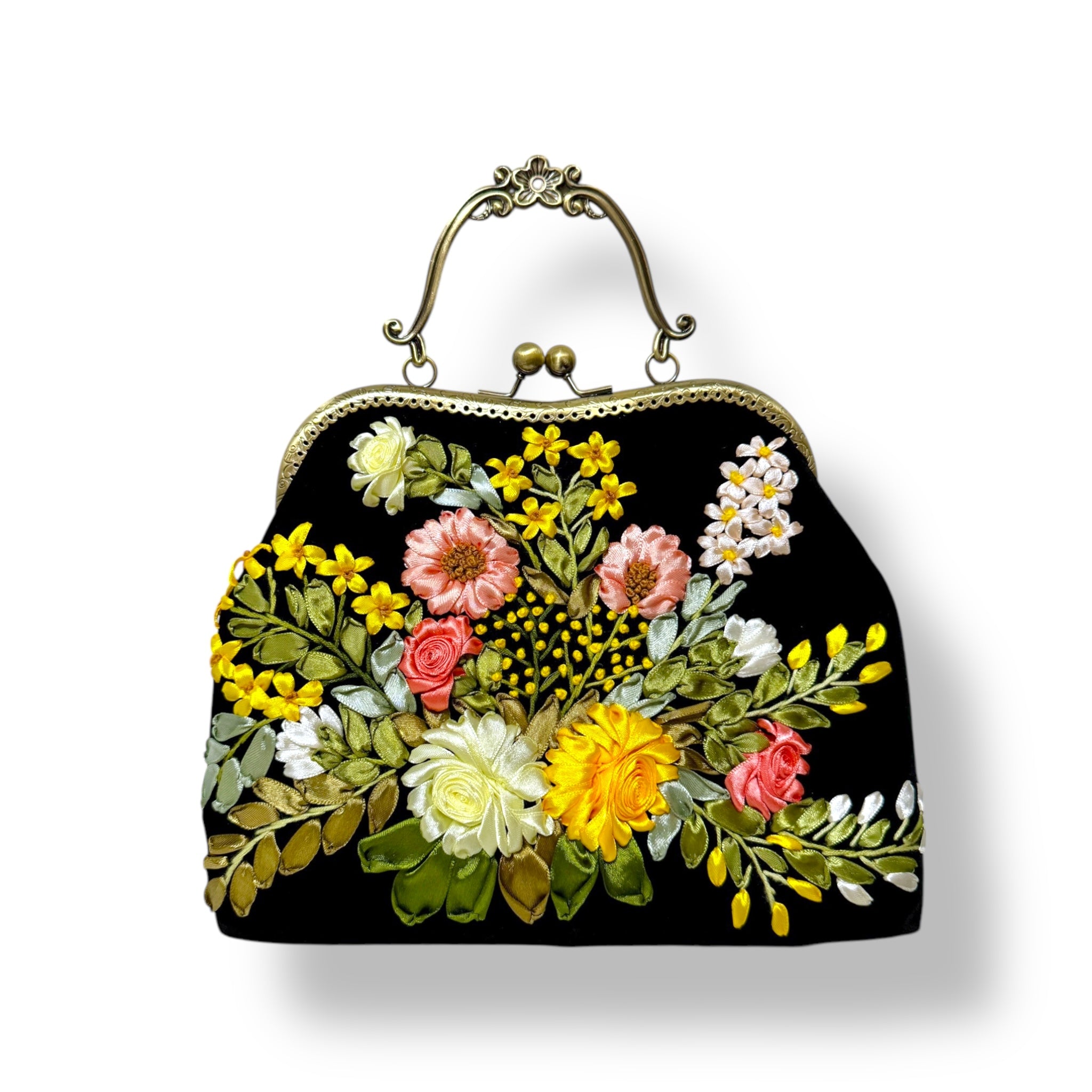 Floral Ribbon Embroidery Clutch Velvet Bag