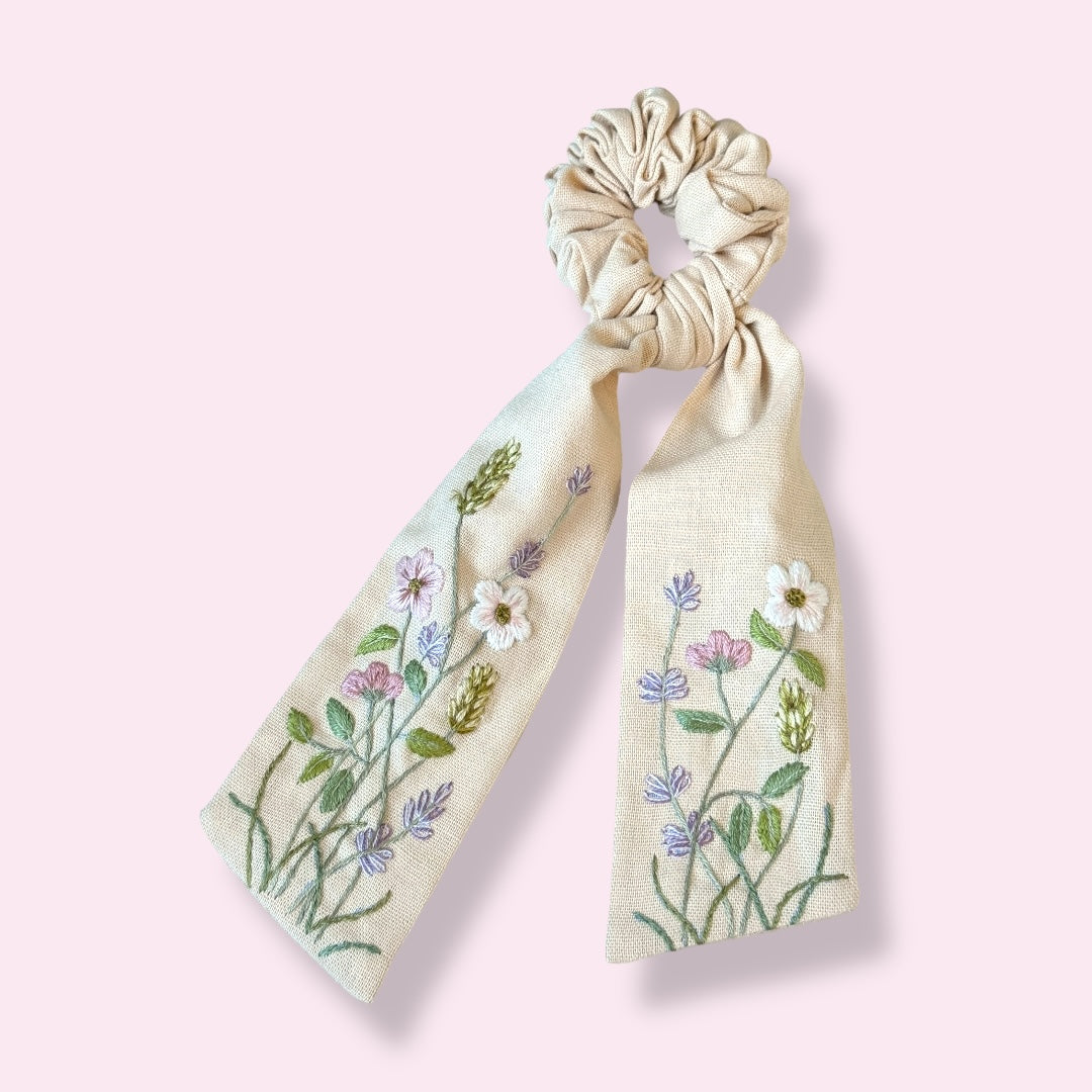 Sweet Bloom Hand Embroidery Scrunchie with long floral scarf tails, perfect hair accessory gift for her or flower girl proposal.