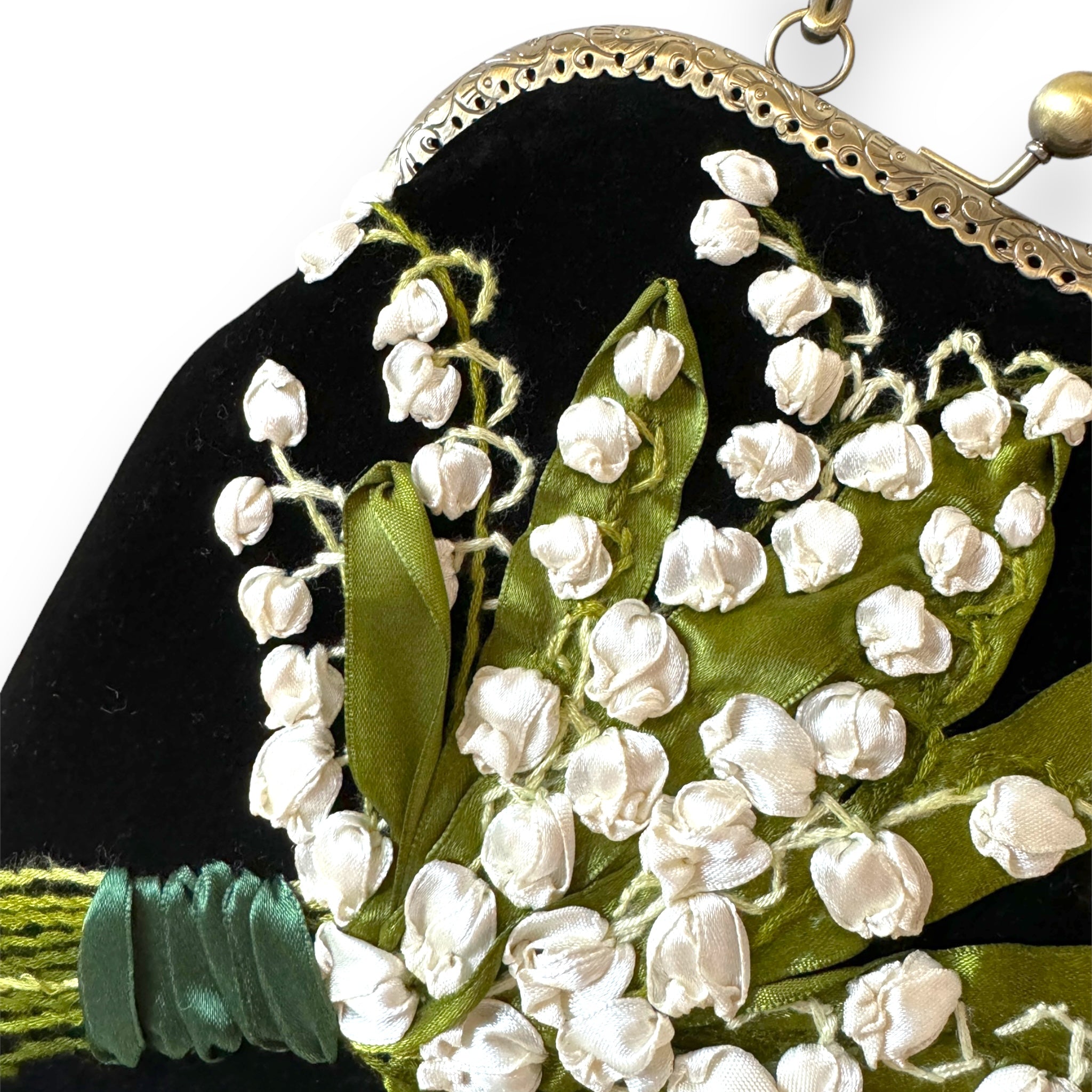 Lily of the Valley Ribbon Embroidery Clutch Velvet Bag