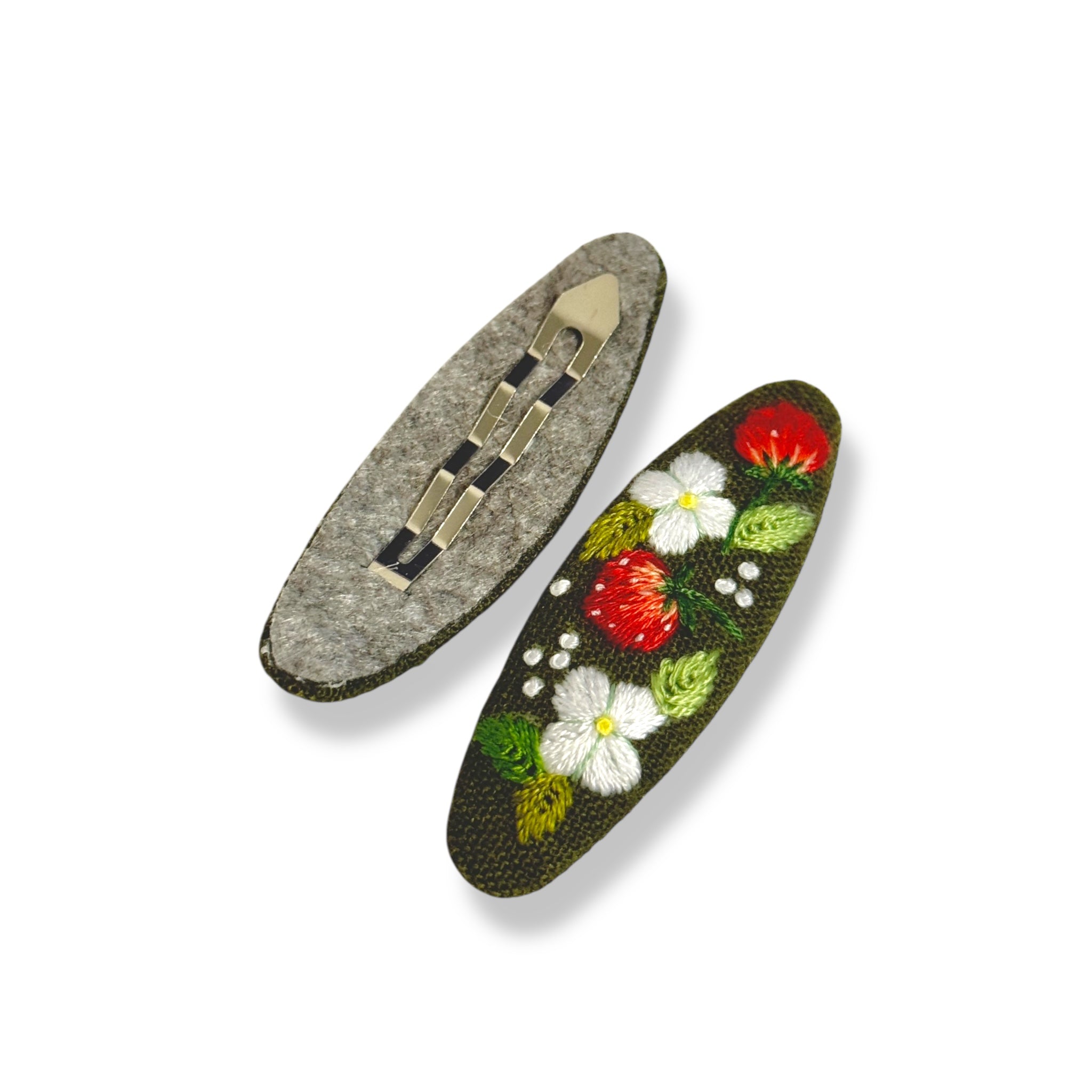 Strawberry Olive Green Hand Embroidery Hair Clips
