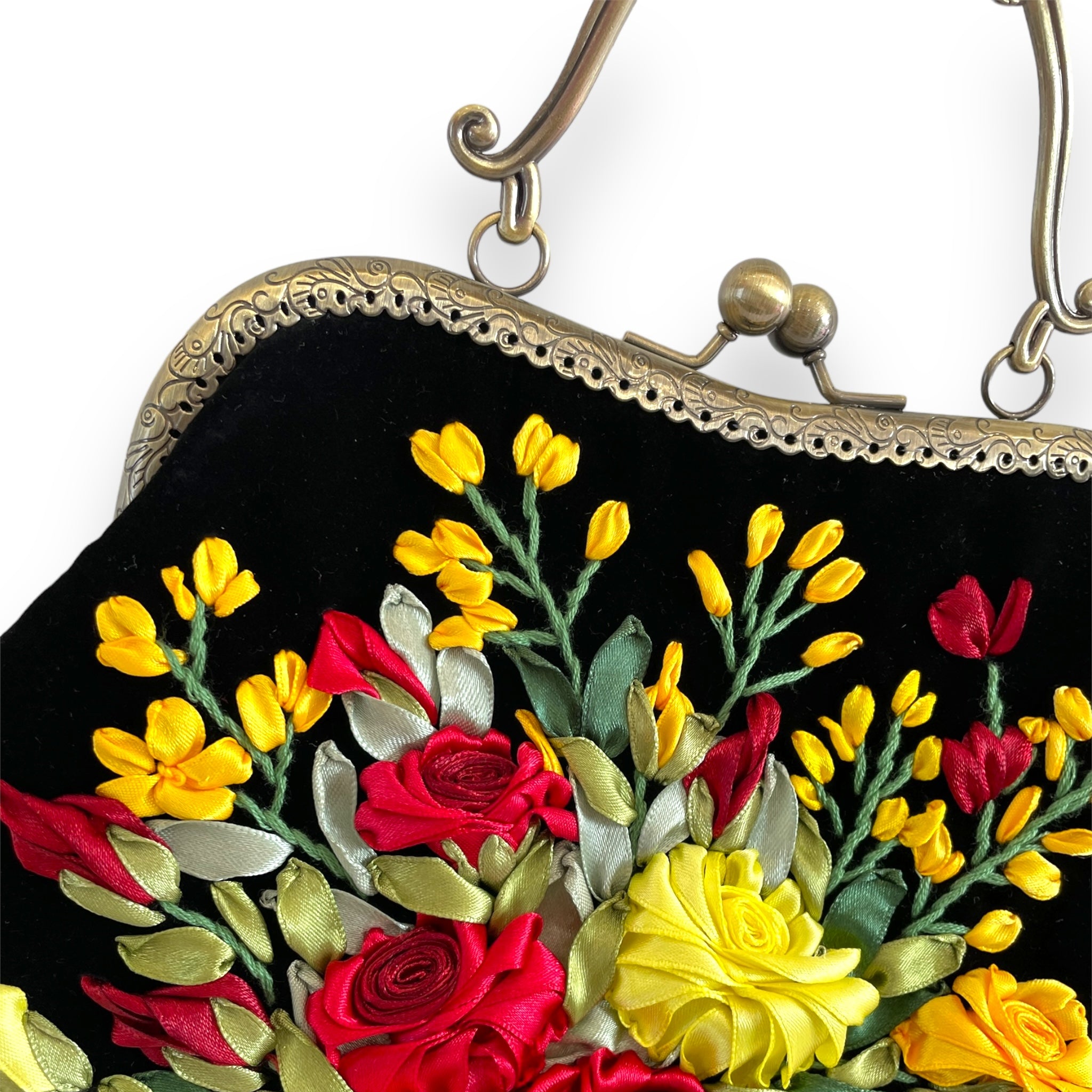 Roses Bouquet Ribbon Embroidery Clutch Velvet Bag