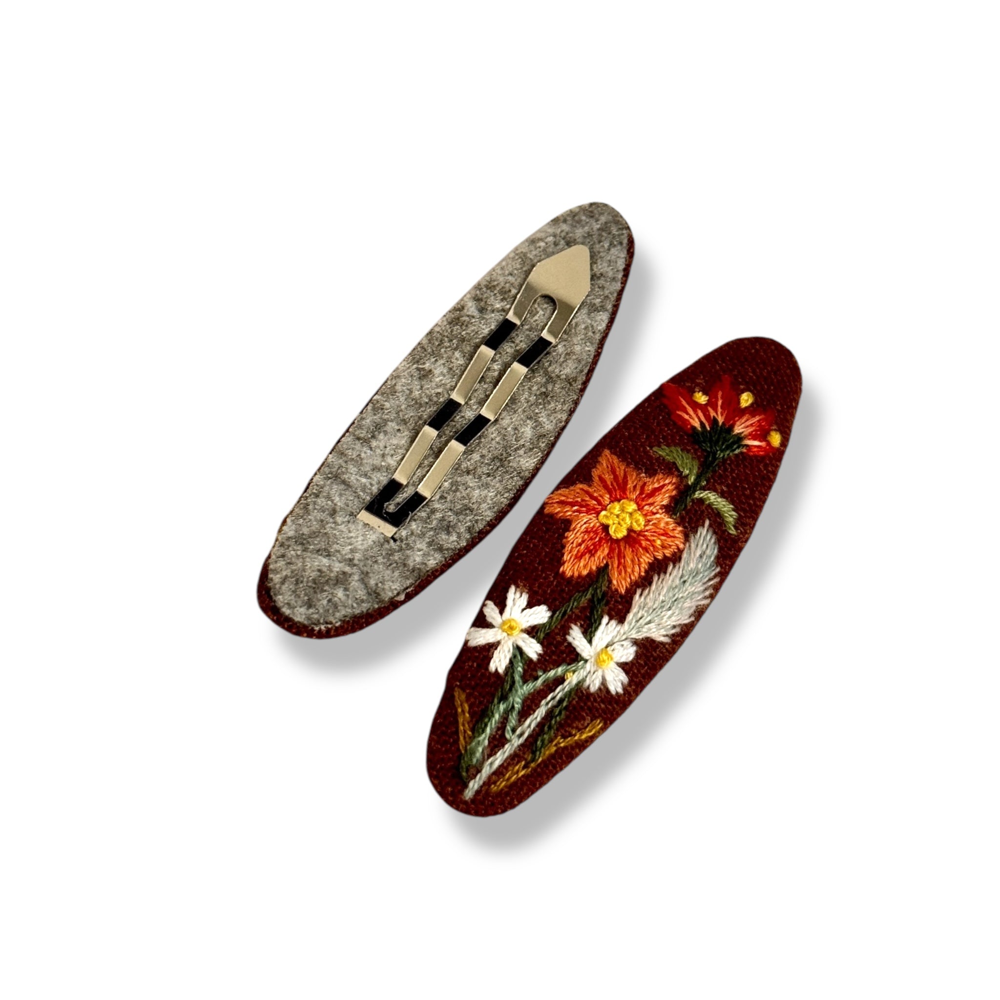 Autumn Brown Hand Embroidery Hair Clips