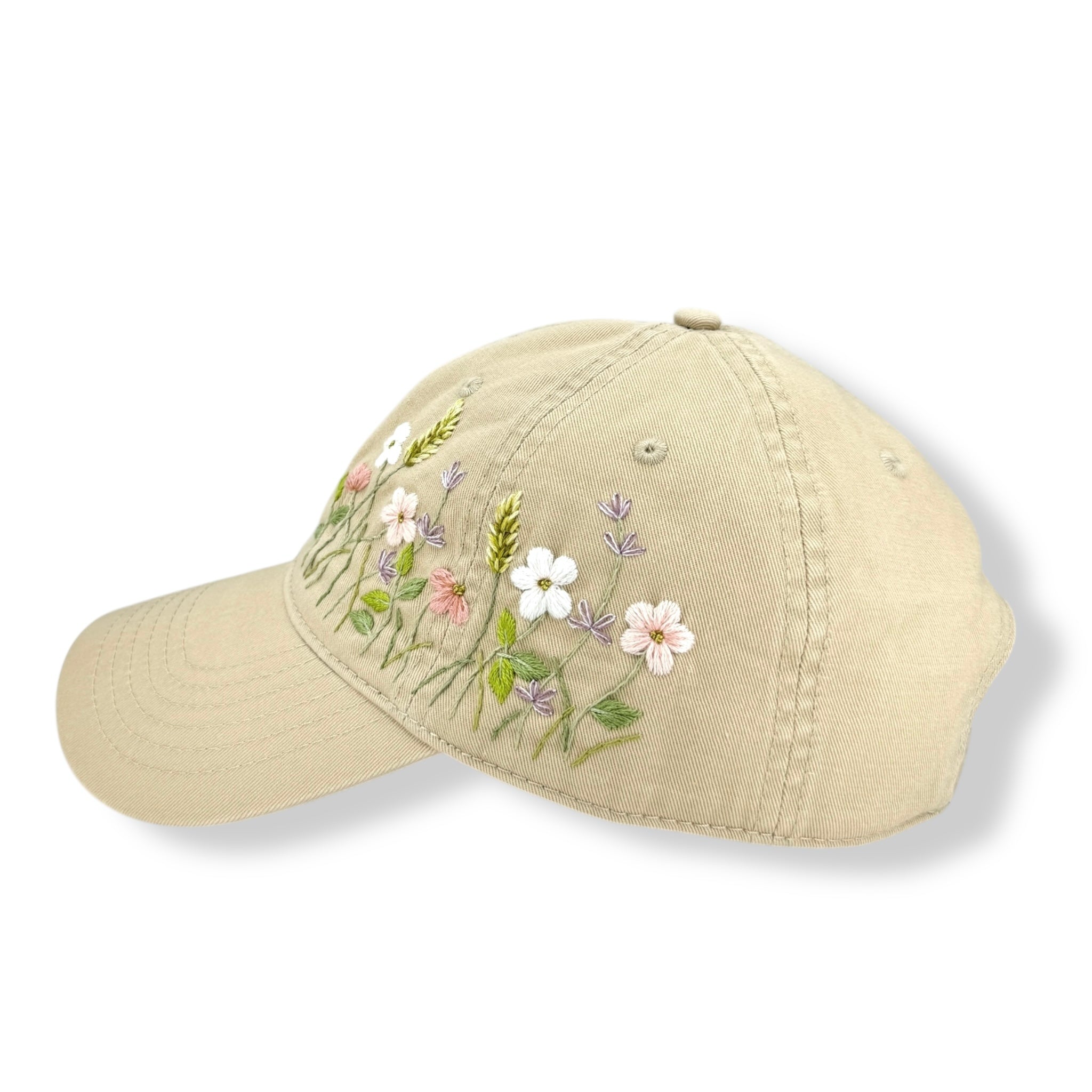 Blush Bloom Hand Embroidered Khaki Cap