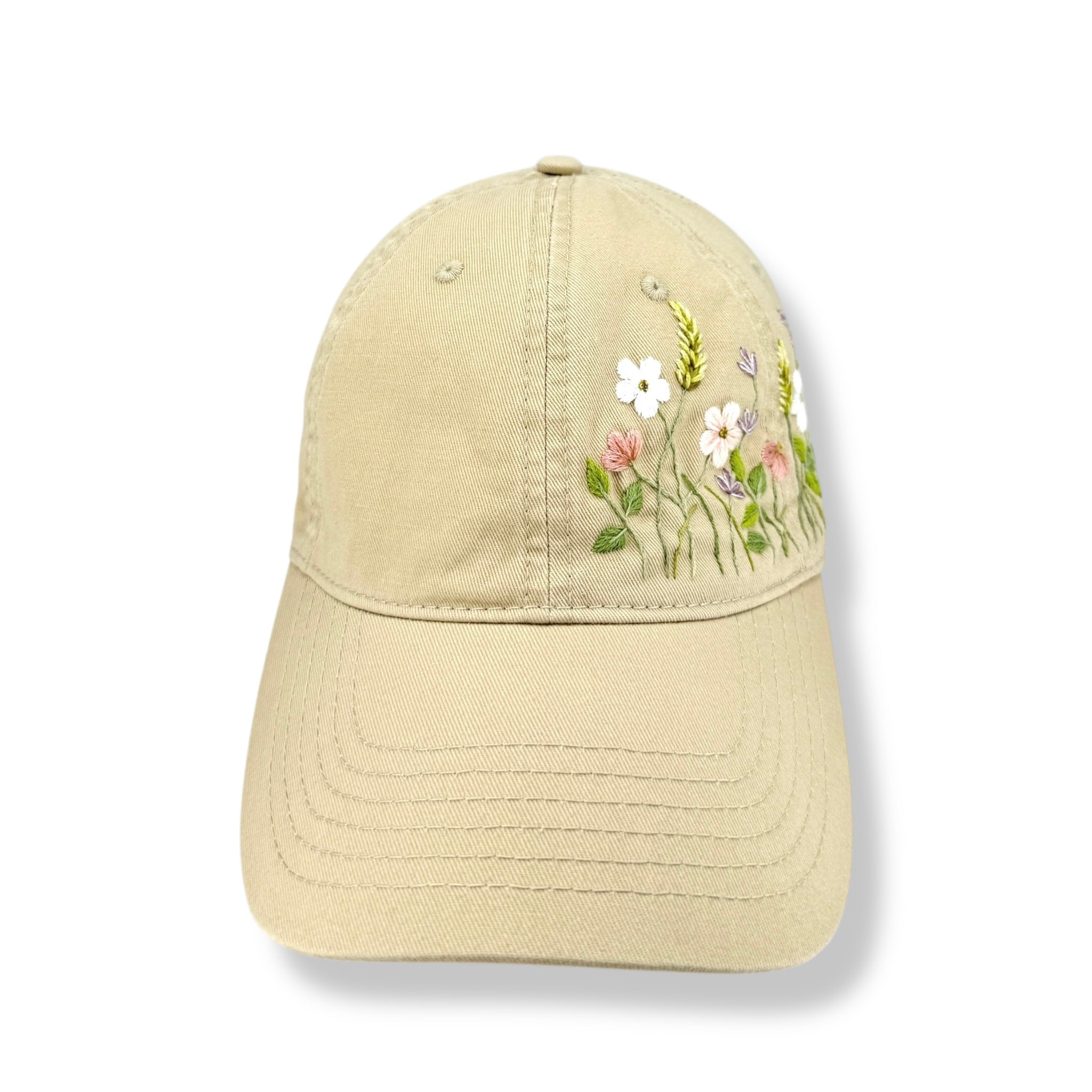 Blush Bloom Hand Embroidered Khaki Cap