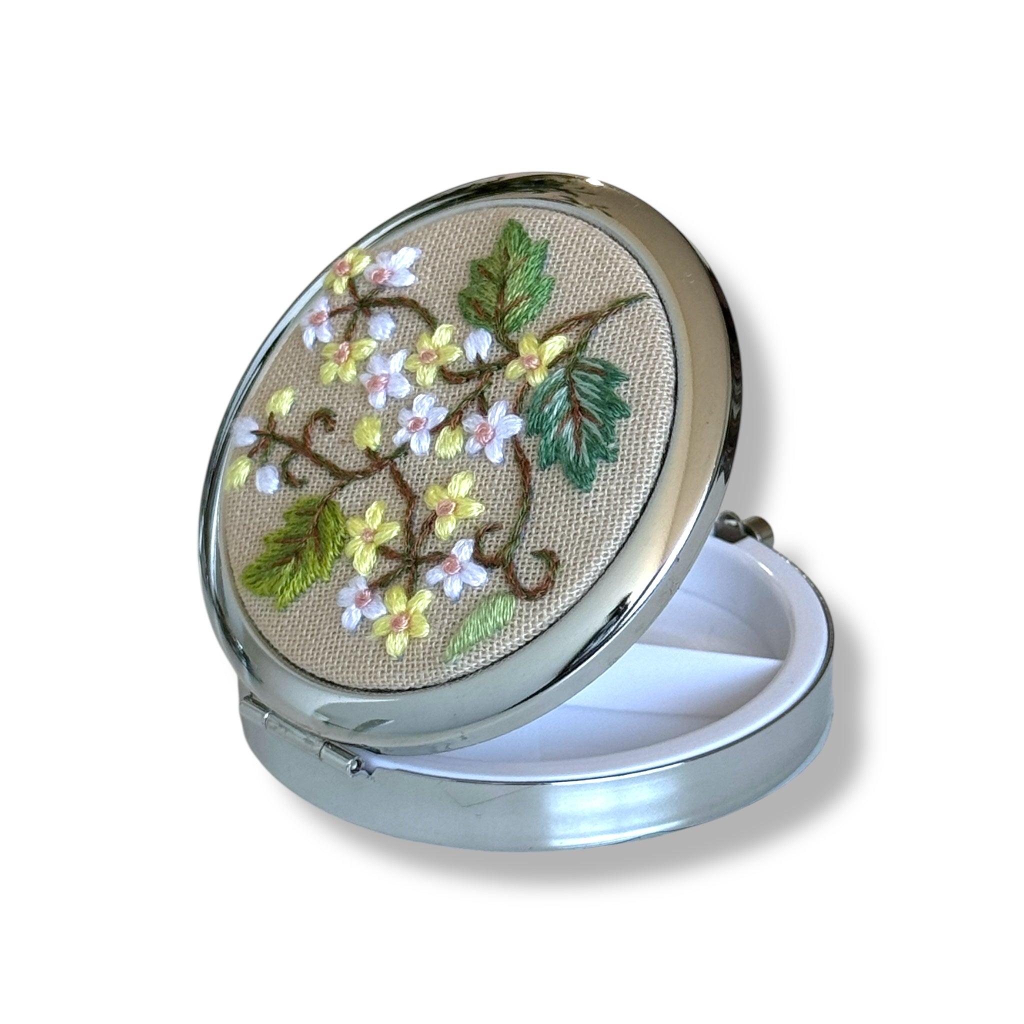 Tiny Flowers Hand Embroidery Compact Container