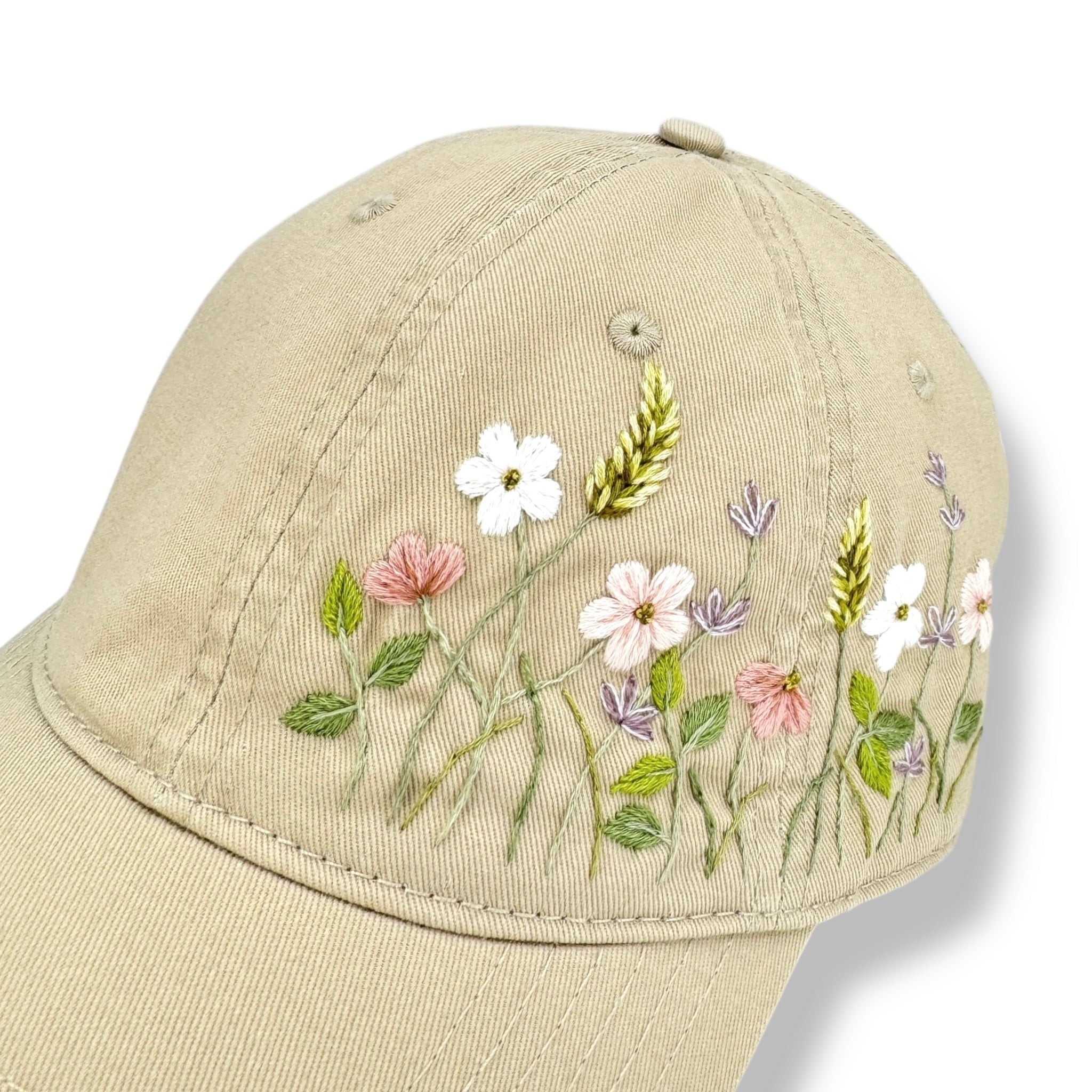 Blush Bloom Hand Embroidered Khaki Cap