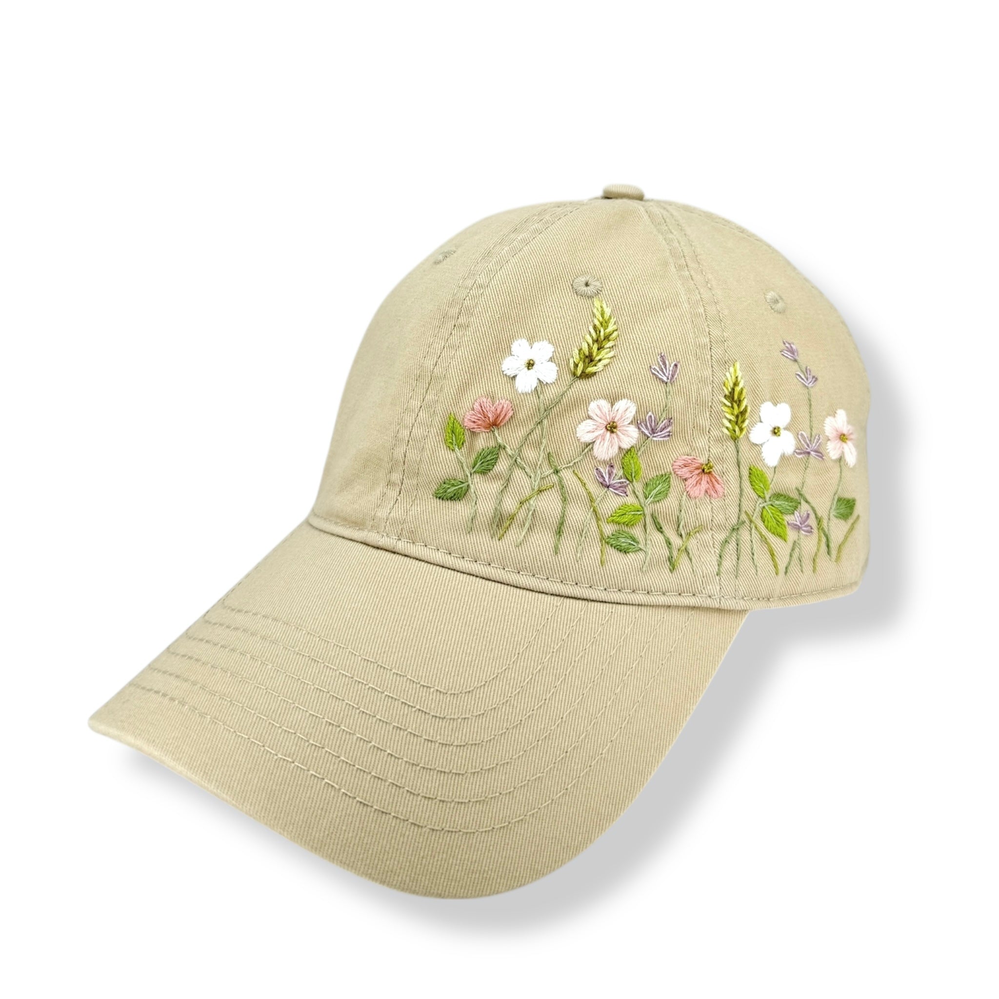 Blush Bloom Hand Embroidered Khaki Cap
