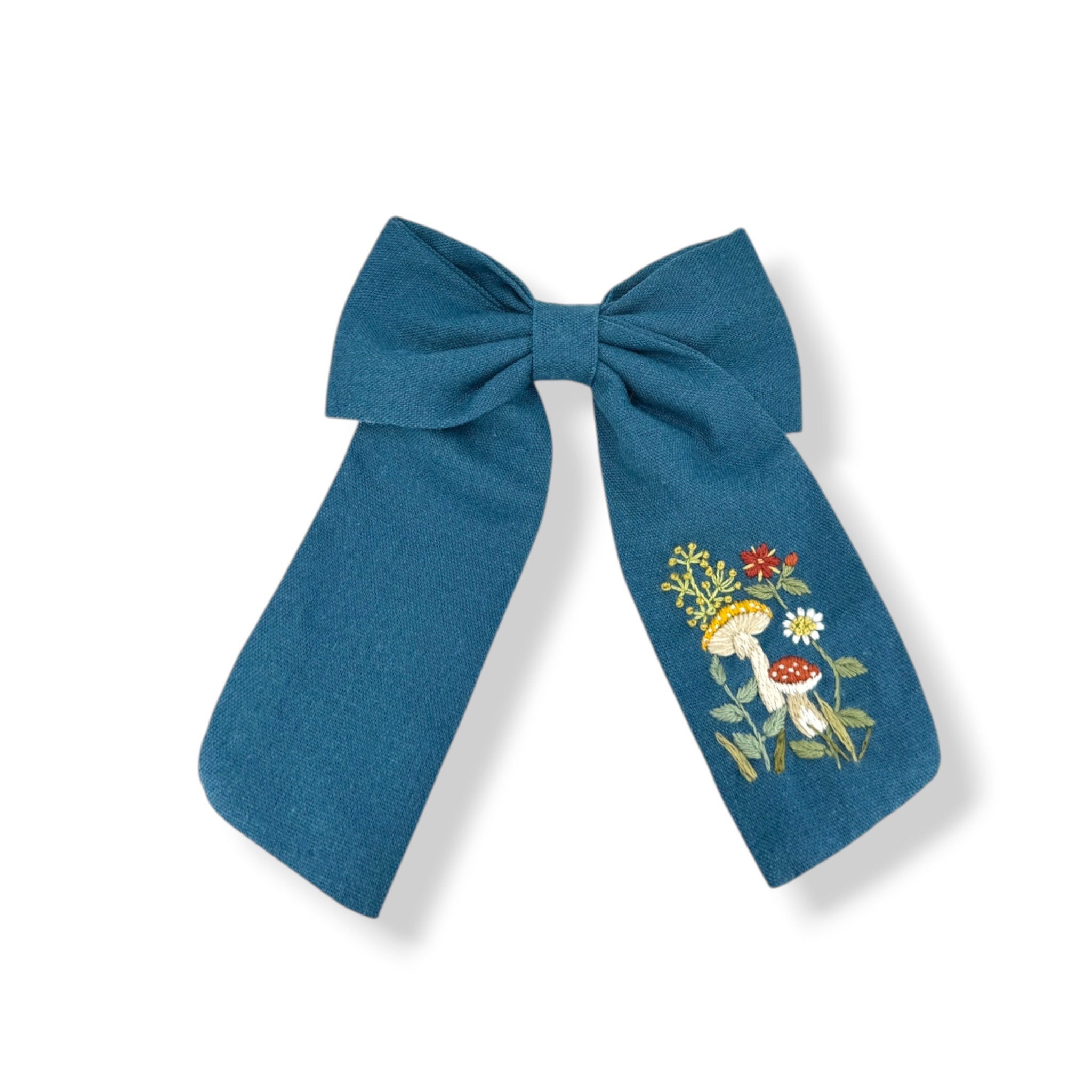 Whimsical Blue Mushroom Embroidered Hair Barrette