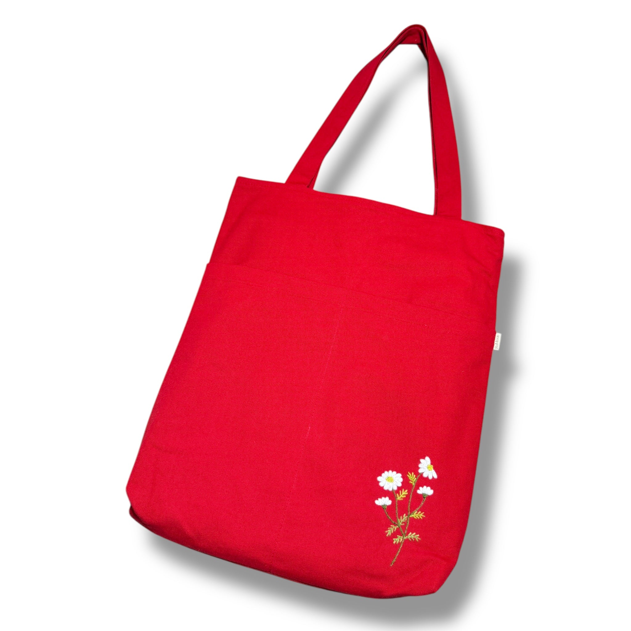 Daisy Pocket Embroidery Tote Bag Red