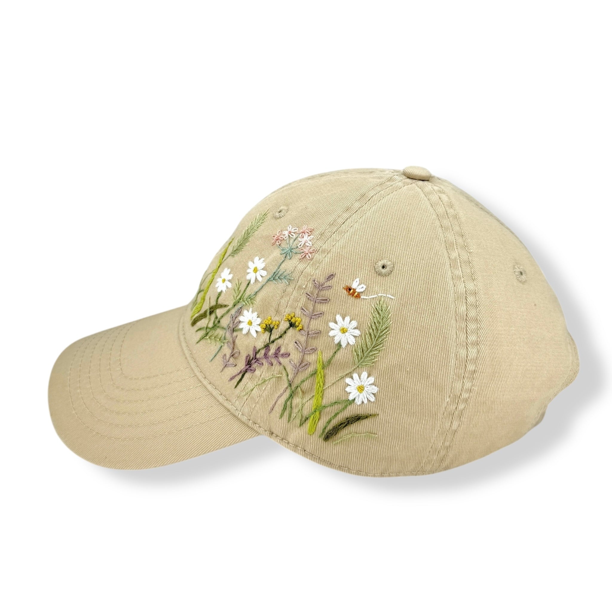 Little White Daisies Hand Embroidered Khaki Cap