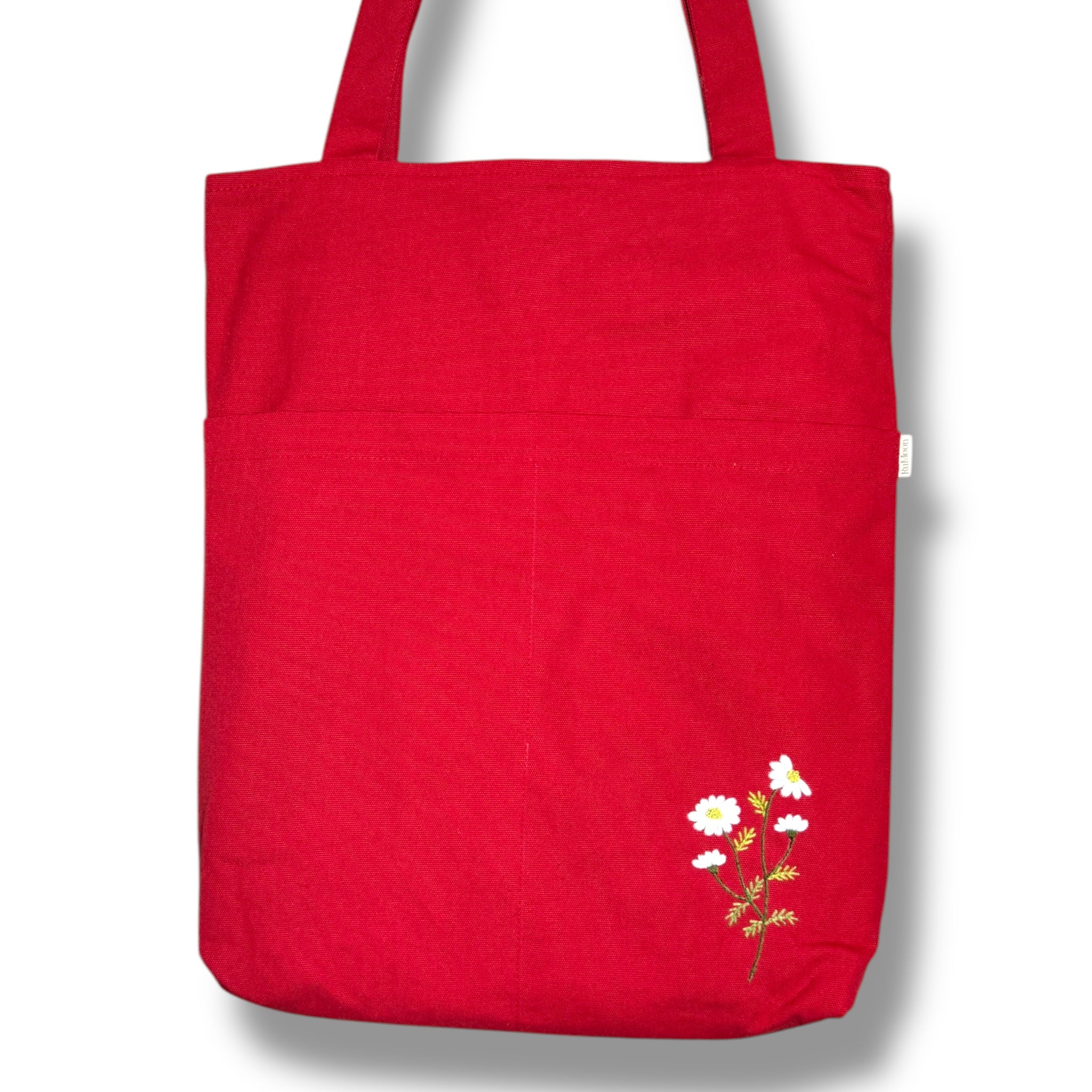 Daisy Pocket Embroidery Tote Bag Red