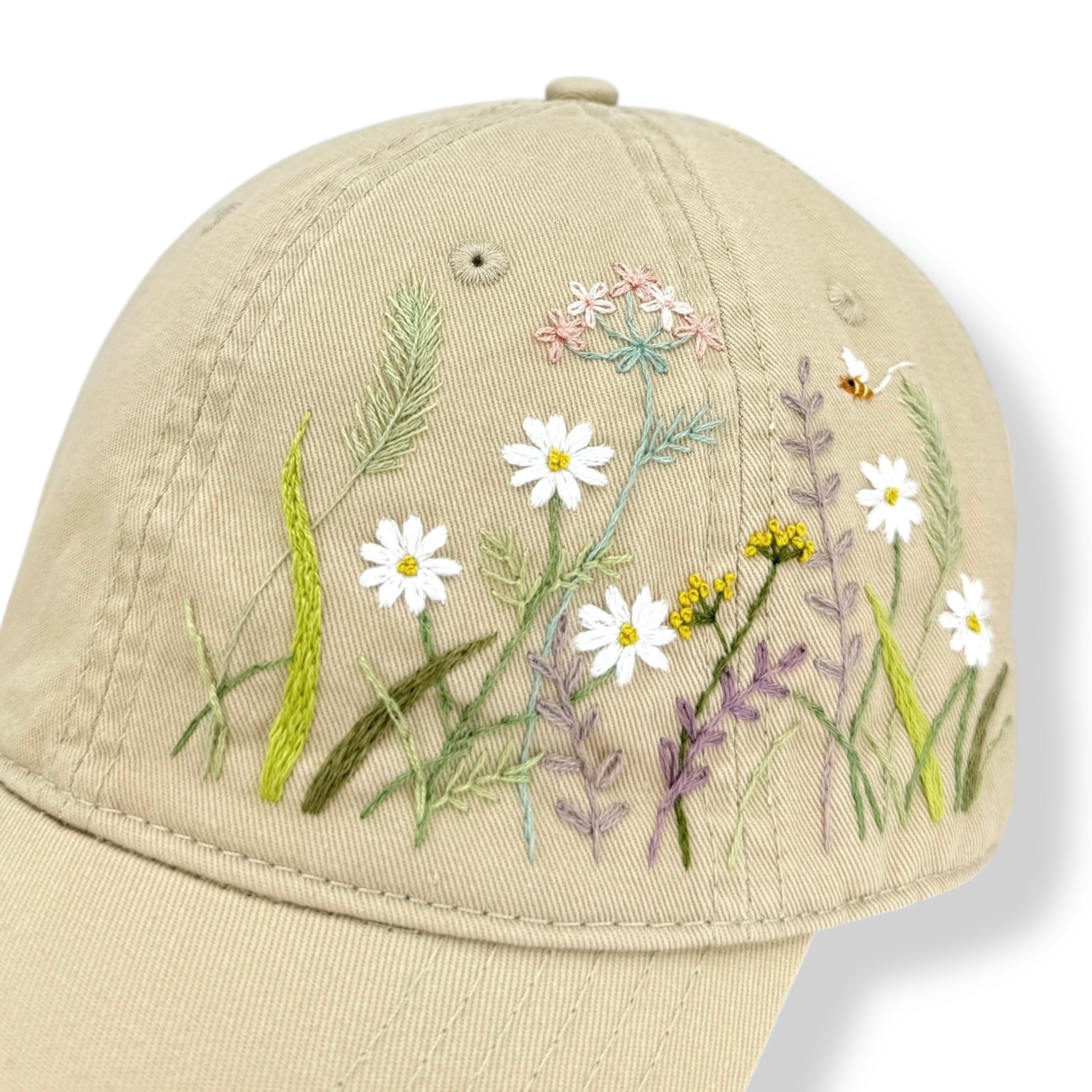 Little White Daisies Hand Embroidered Khaki Cap