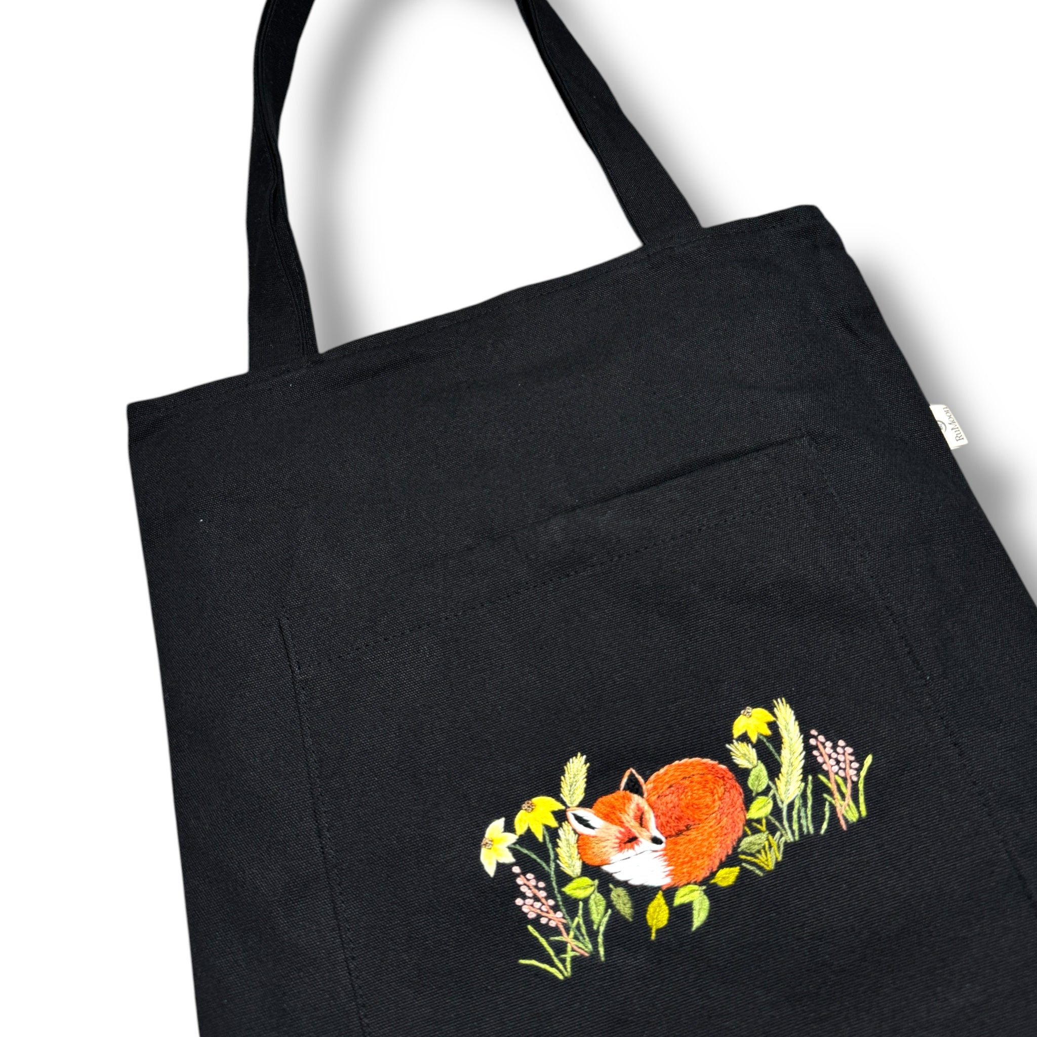 Little Fox Embroidery Tote Bag Black