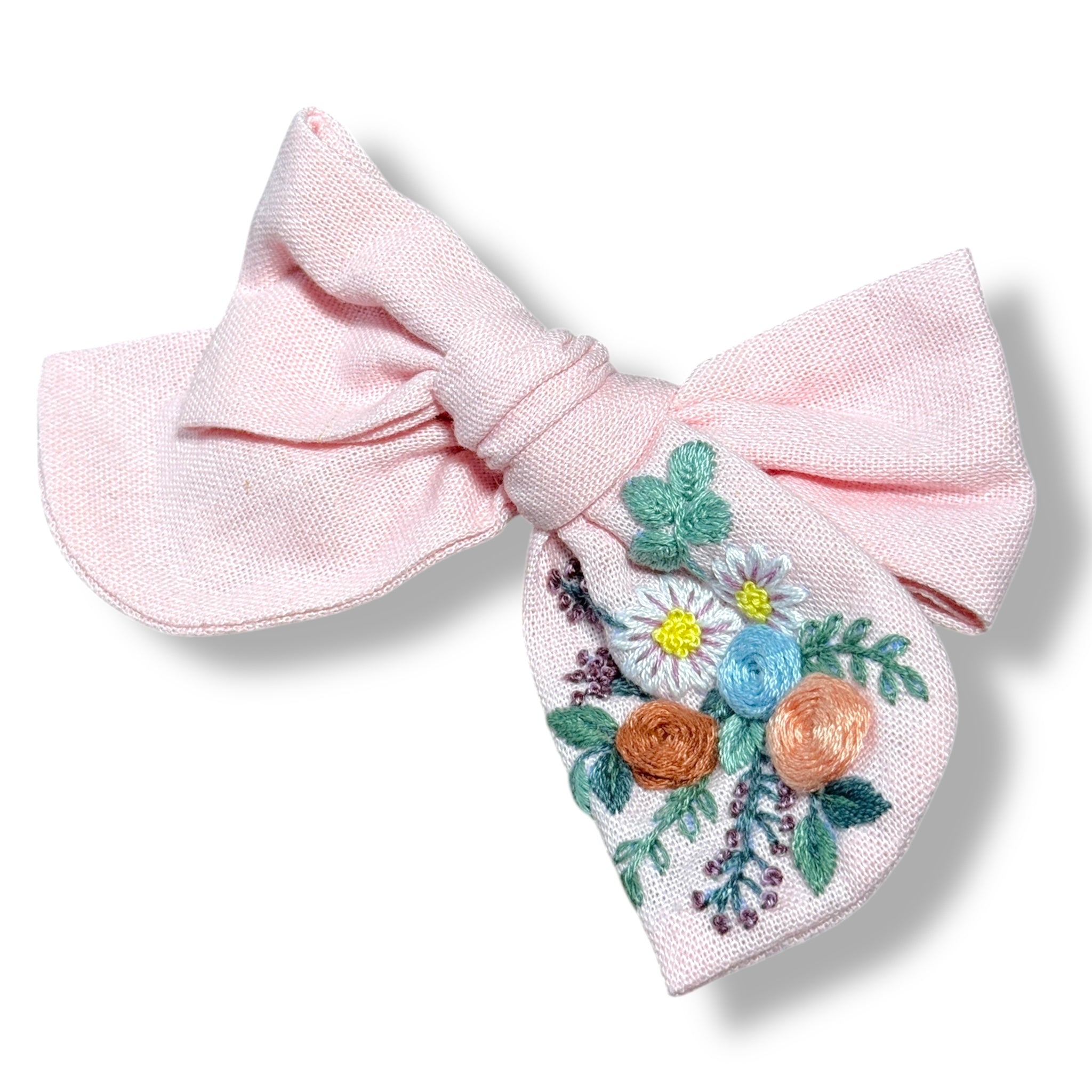 Pastel Pink Hand Embroidery Hair Bow