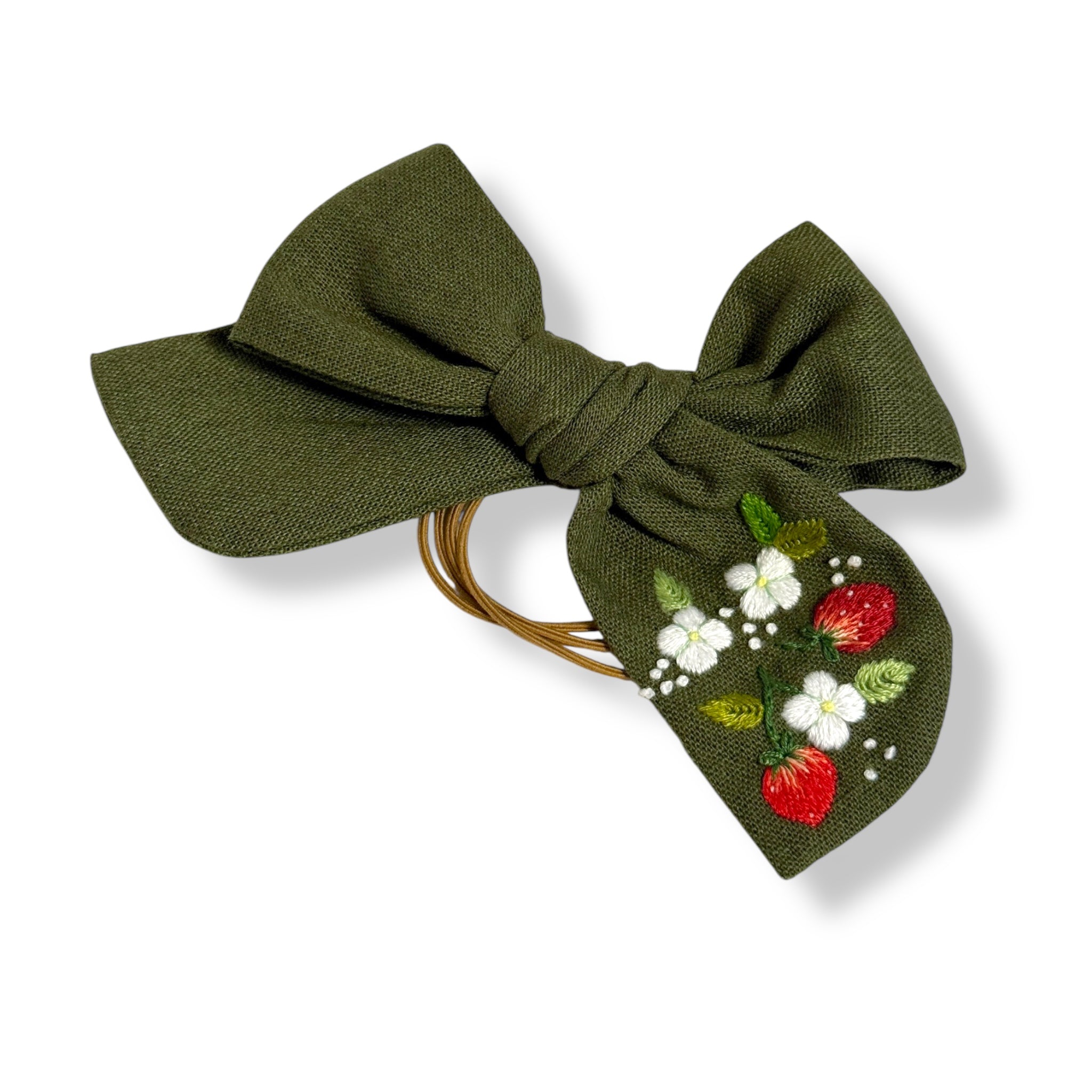 Strawberry Hand Embroidery Olive Green Hair Bow