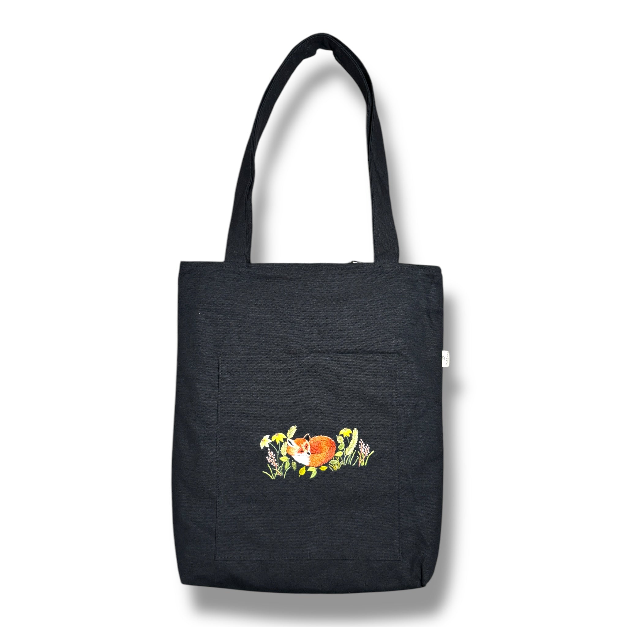 Little Fox Embroidery Tote Bag Black