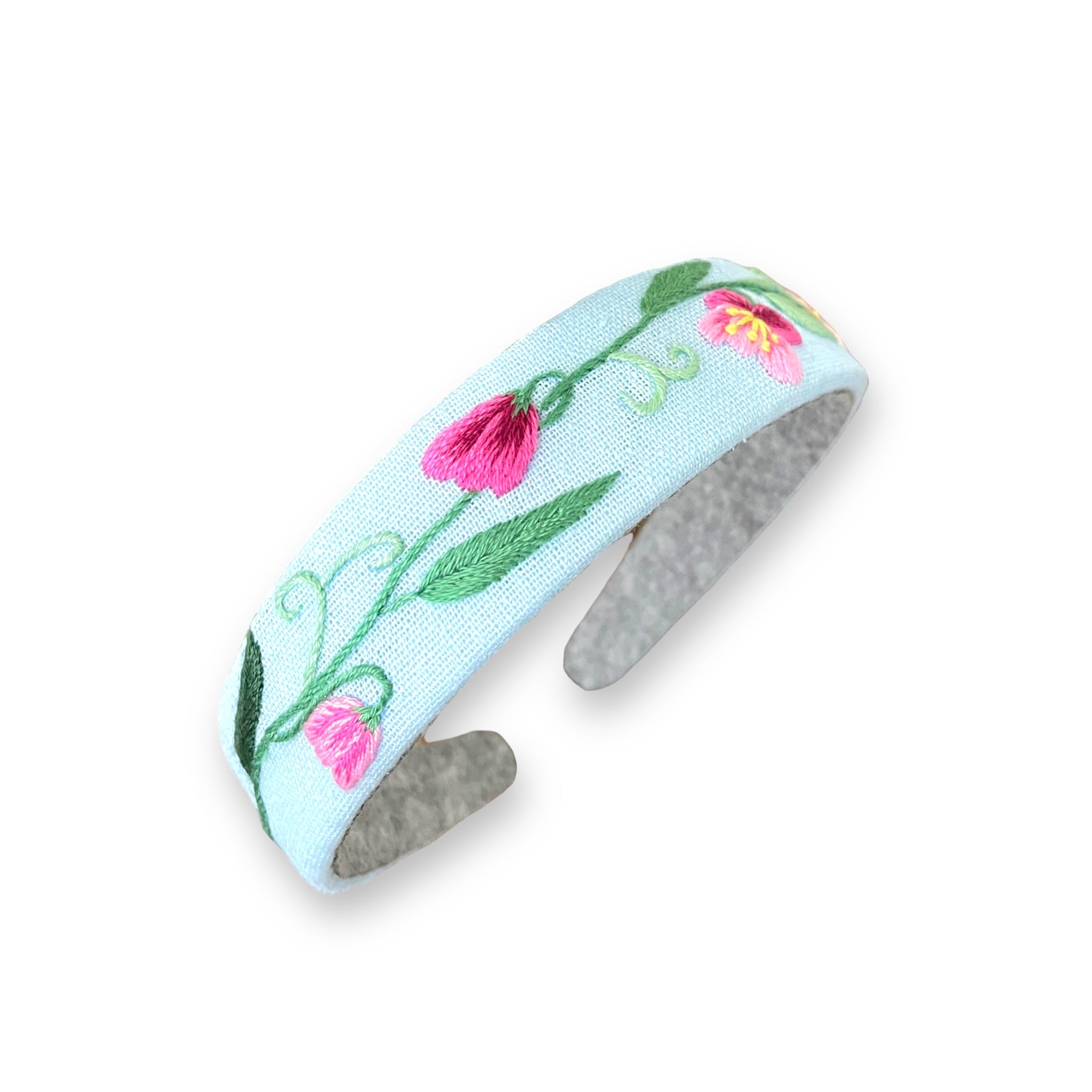 Pink Bloom Embroidered Cyan Hairband