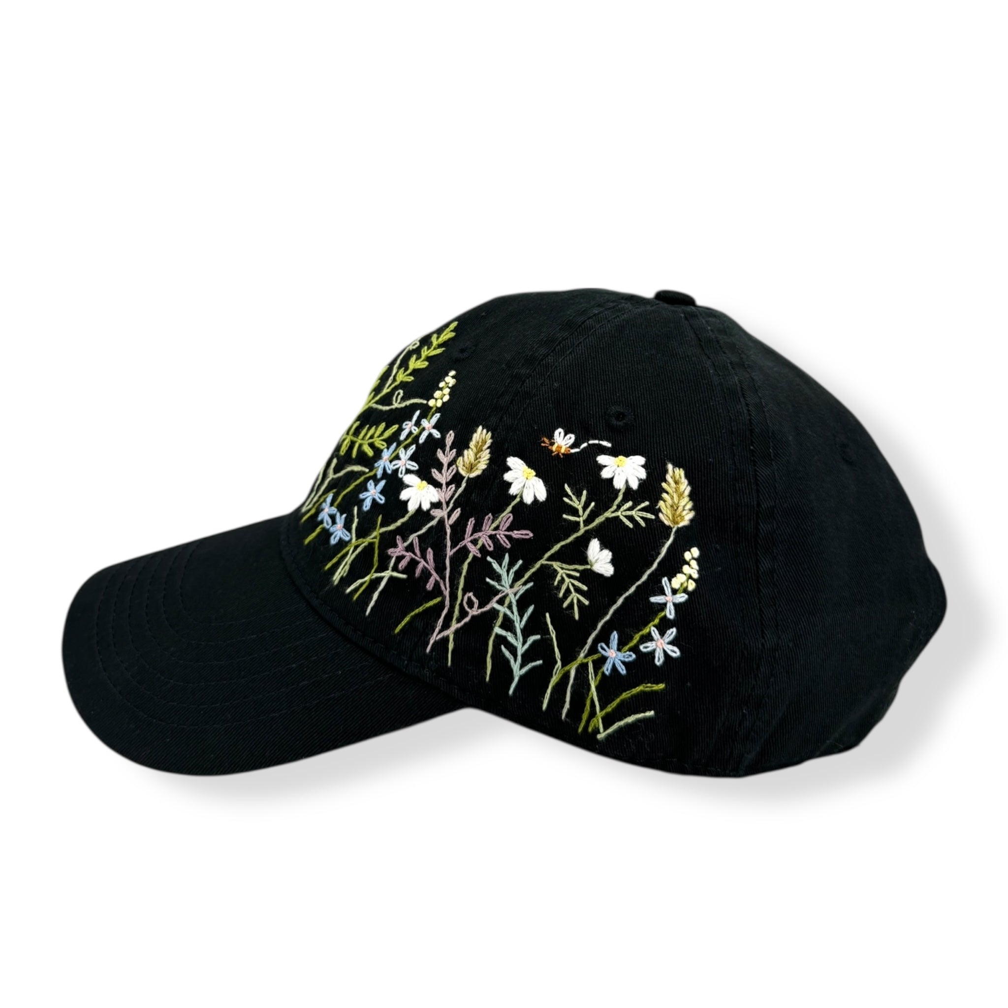Wildflower Meadow Hand Embroidered Black Hat