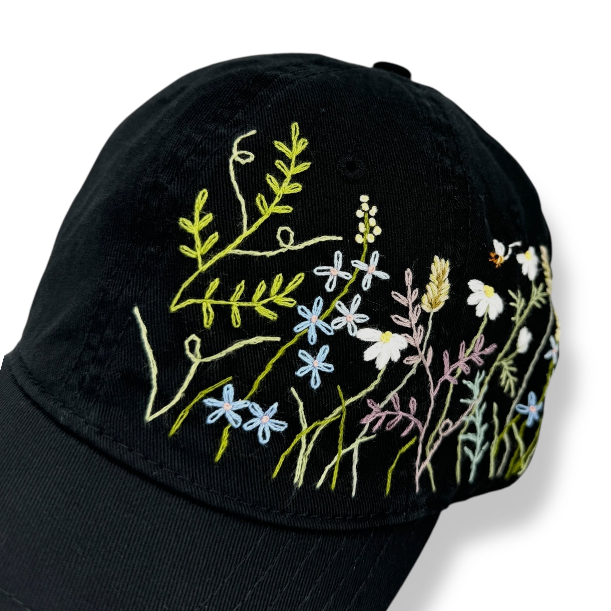 Wildflower Meadow Hand Embroidered Black Hat