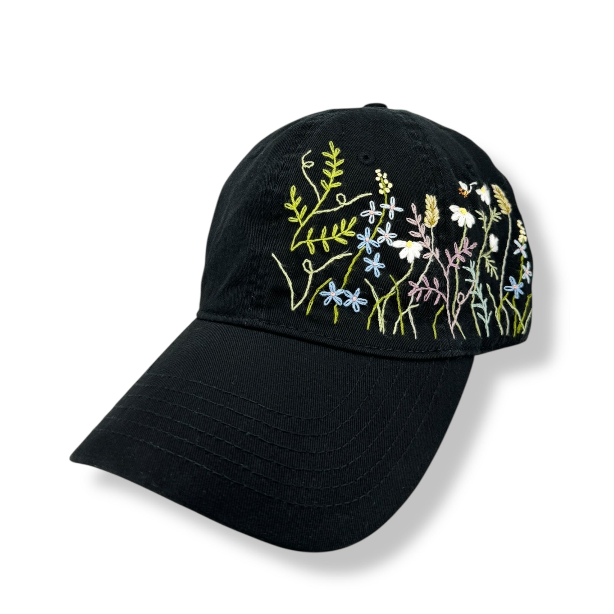 Wildflower Meadow Hand Embroidered Black Hat