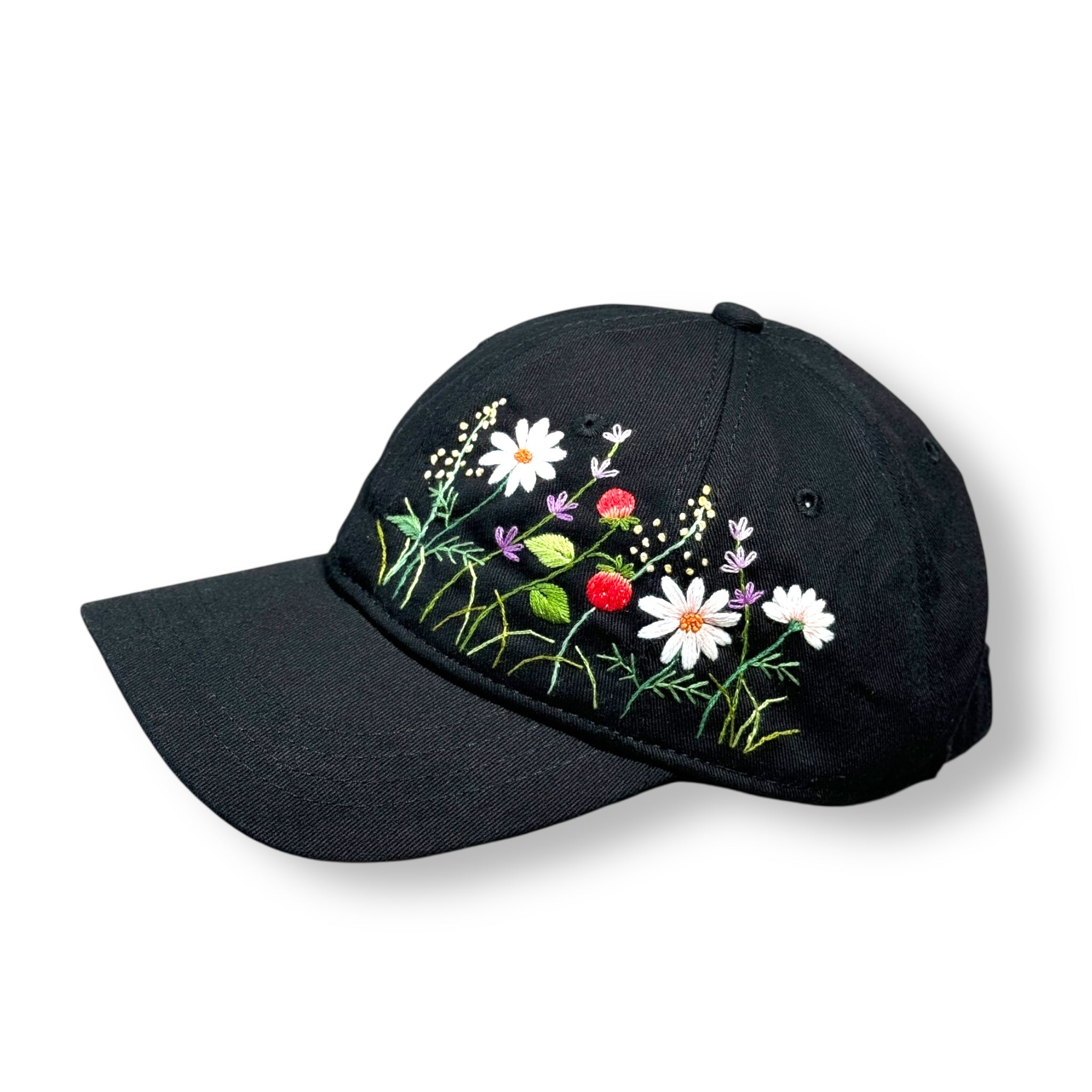 Black Strawberries Floral Embroidered Cap