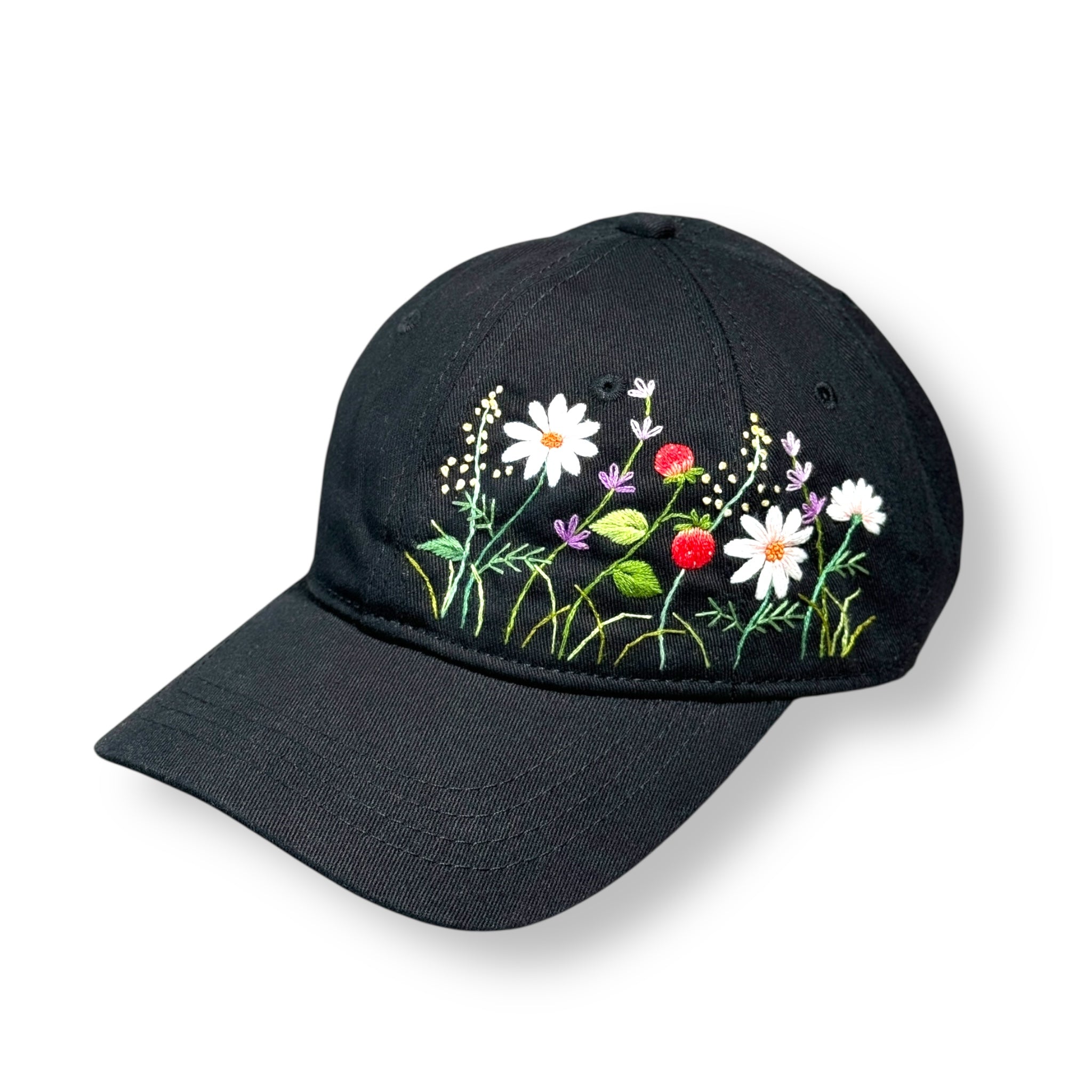 Black Strawberries Floral Embroidered Cap