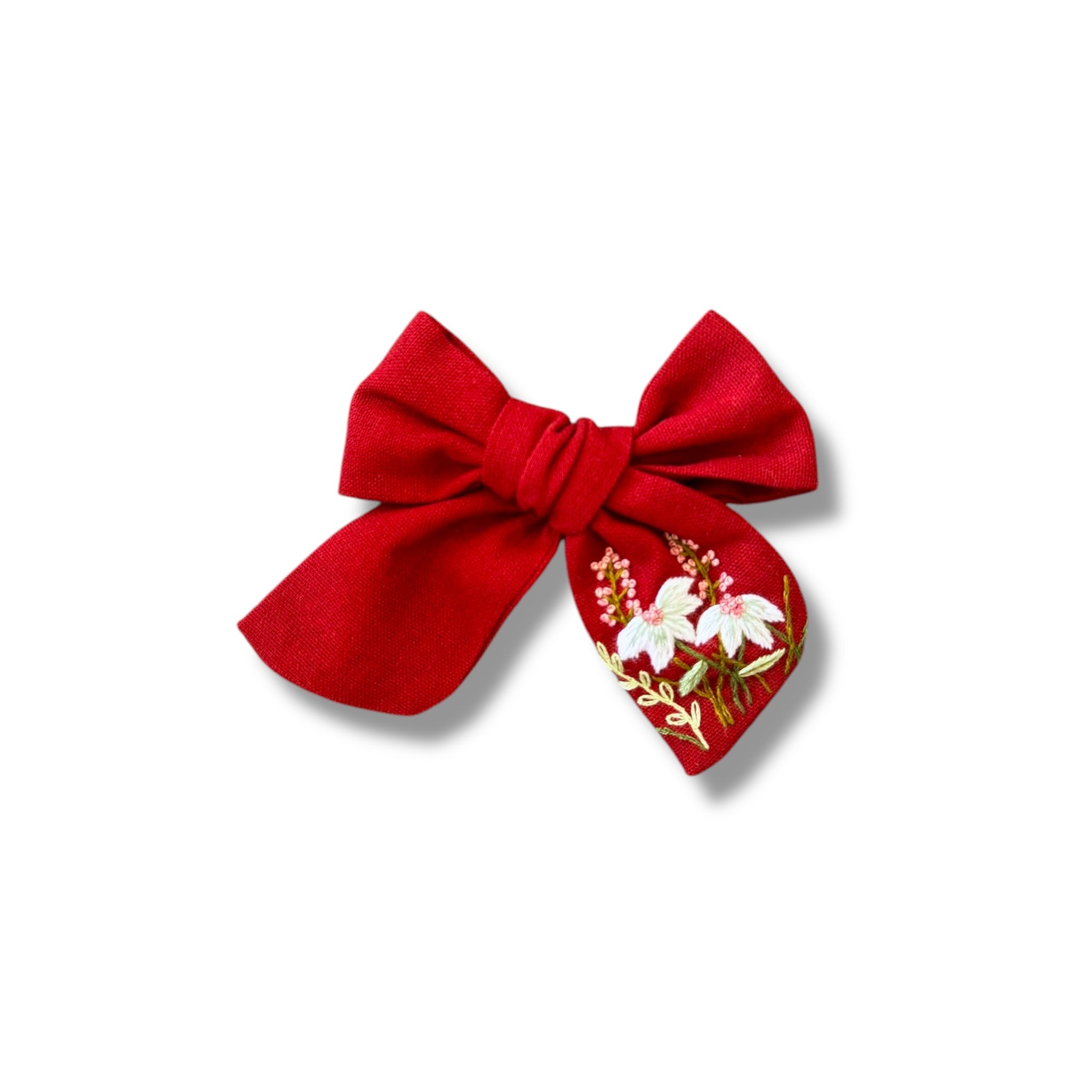 Red Flower Hand Embroidery Hair Bow