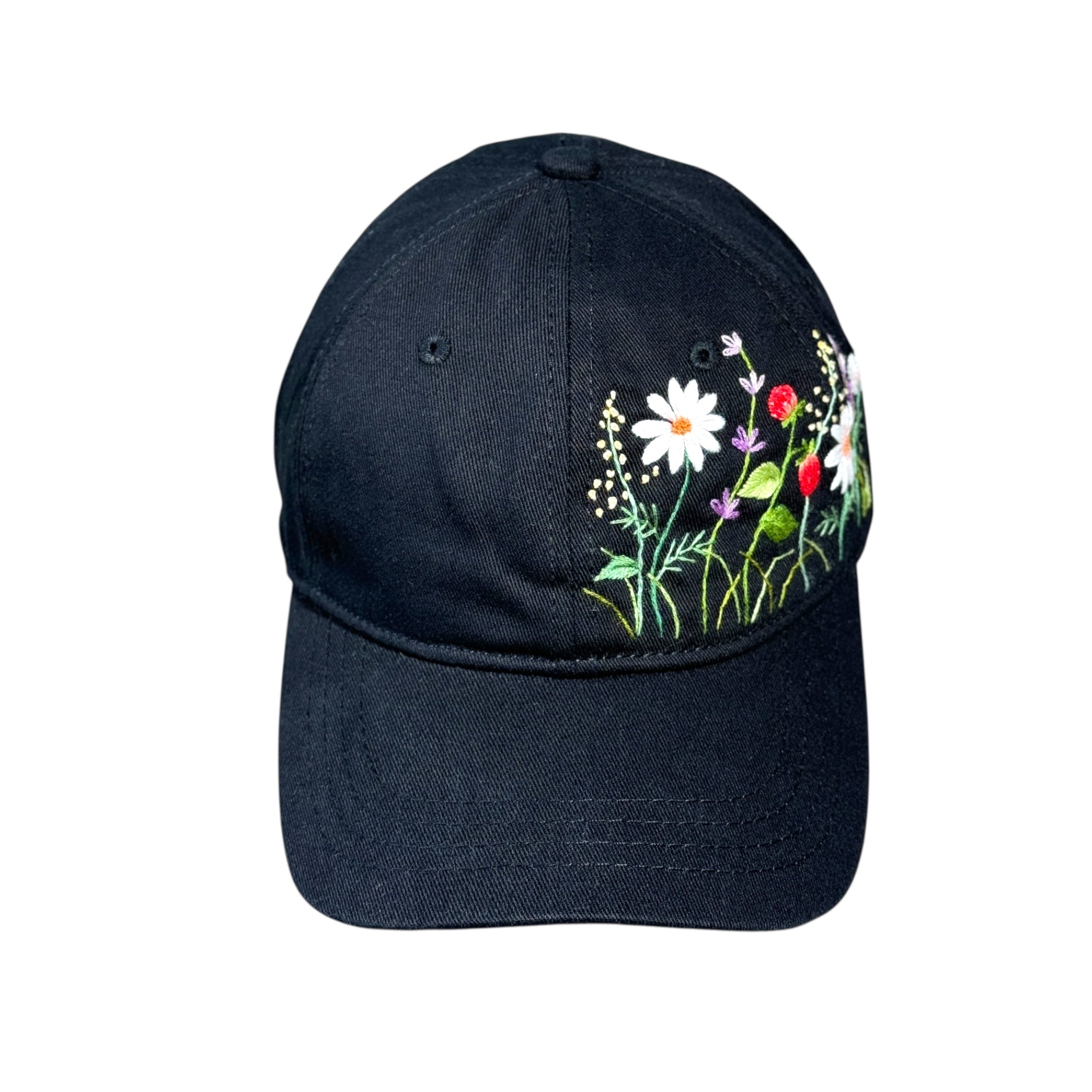 Black Strawberries Floral Embroidered Cap