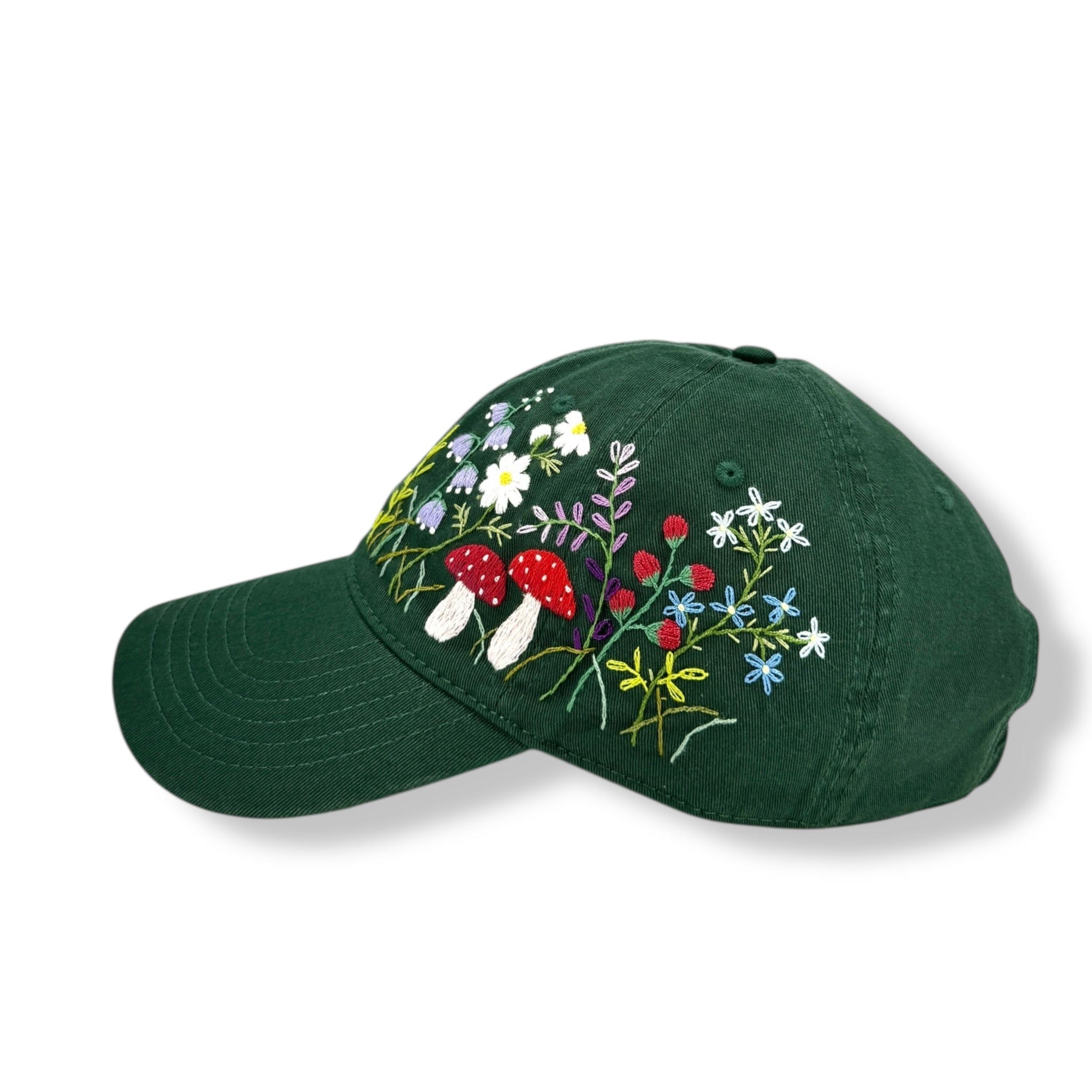 Dark Green Mushroom Garden Embroidered Cap