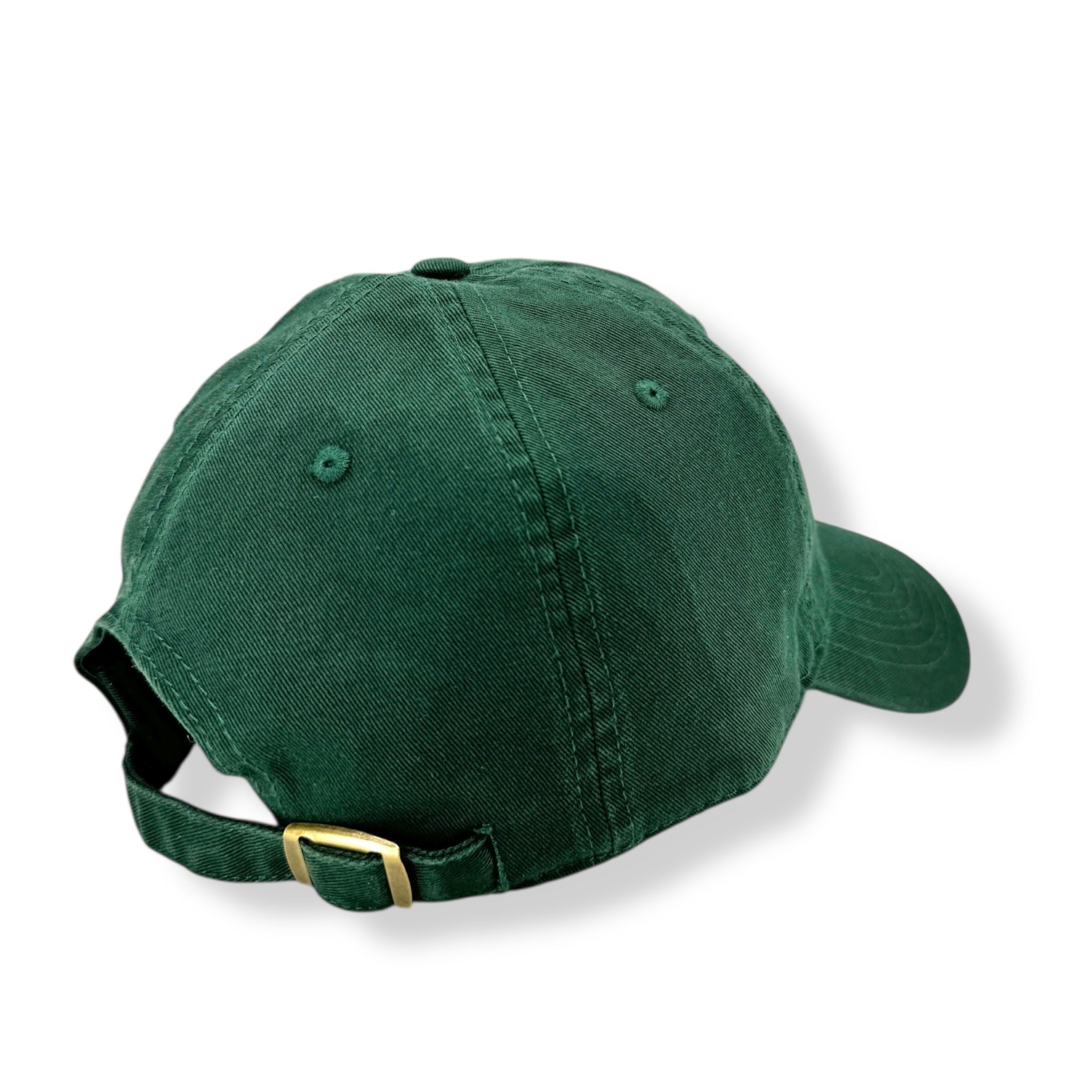 Back view of dark green embroidered cap with adjustable strap and brass buckle, part of Rumoon Handmade's mushroom garden collection.