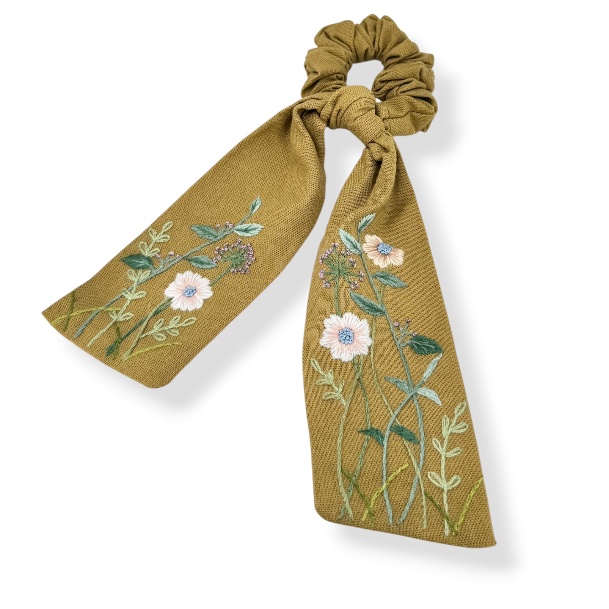 Hand embroidery cute hair accessories for women featuring floral designs on olive green scrunchie with long scarf tails, perfect gift for her.