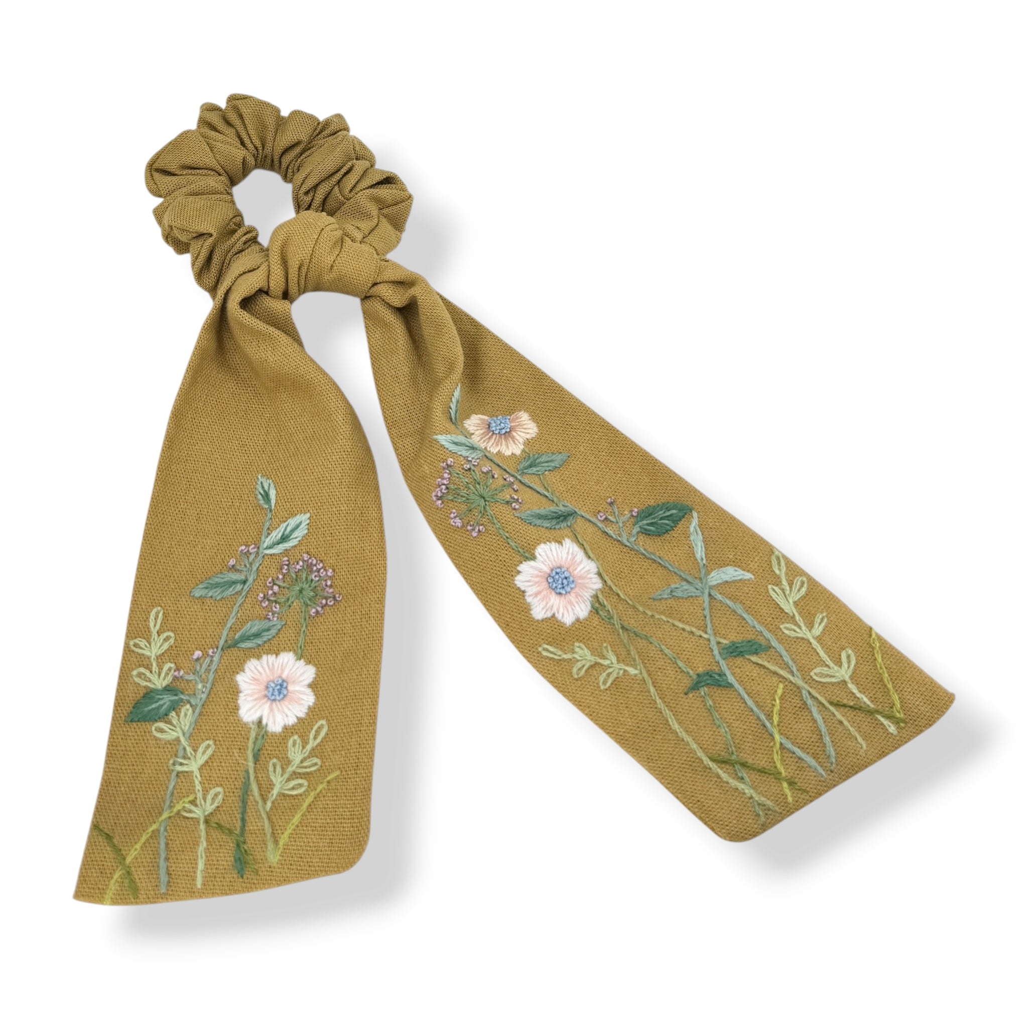 Floral hand embroidery scrunchie in olive green with scarf-style ribbons, ideal flower girl proposal gift or hair accessory for teenage girls.