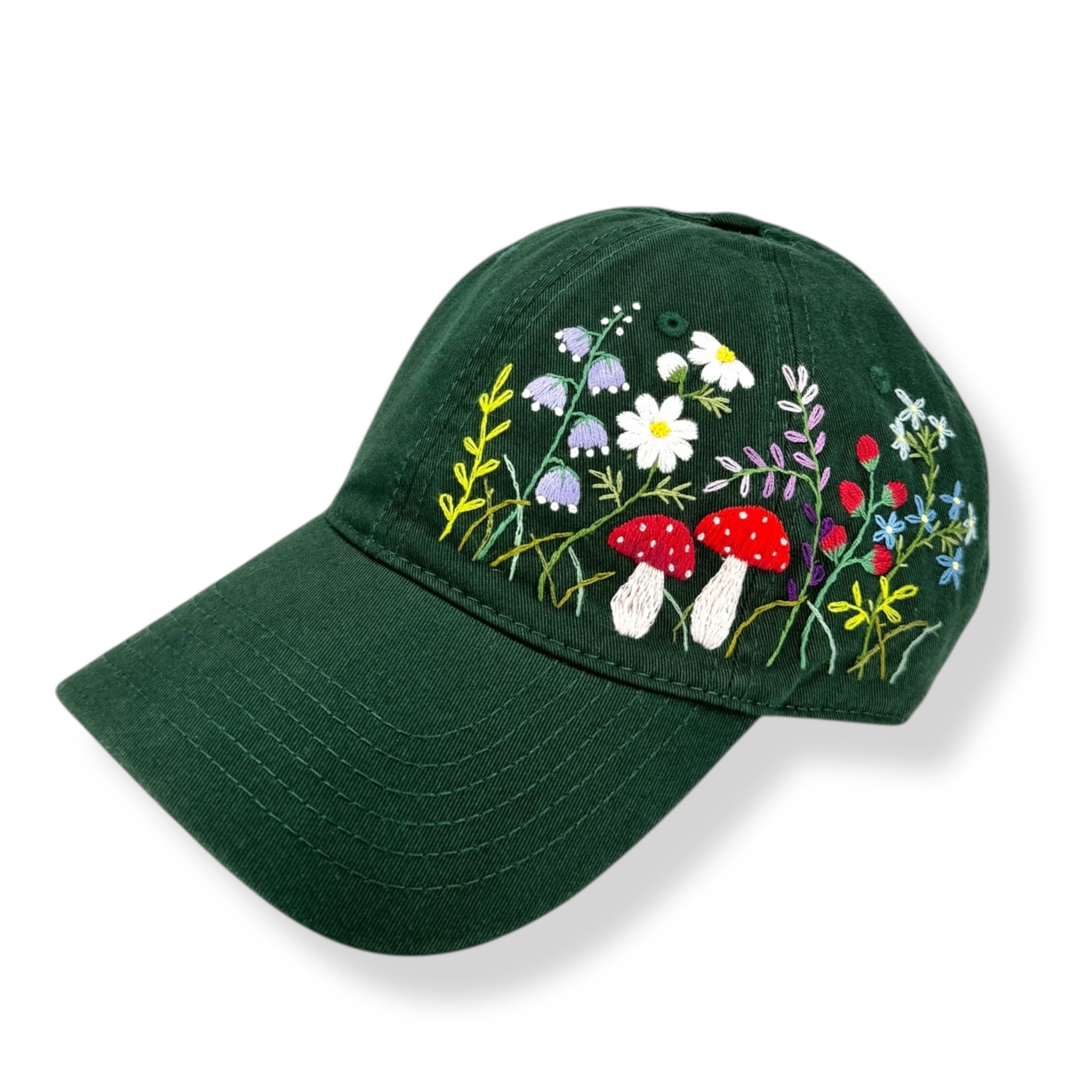 Dark Green Mushroom Garden Embroidered Cap