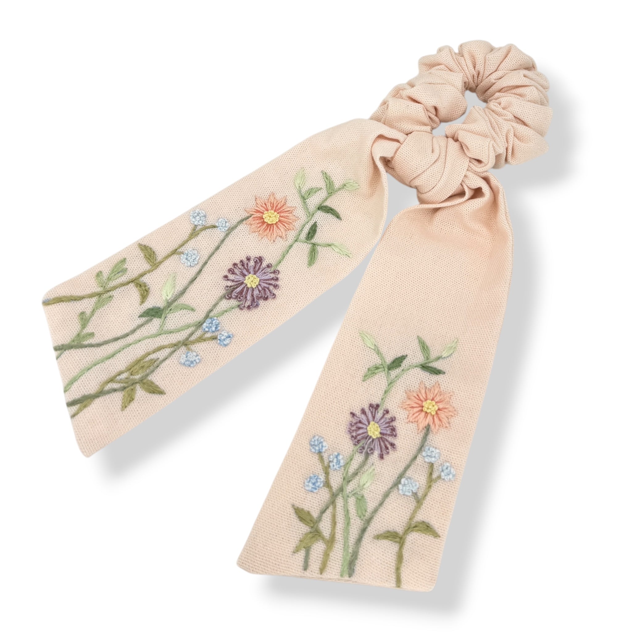 Hand embroidery cute hair accessories for women featuring floral designs on soft linen scrunchie with long tail, ideal gift for teenage girl.