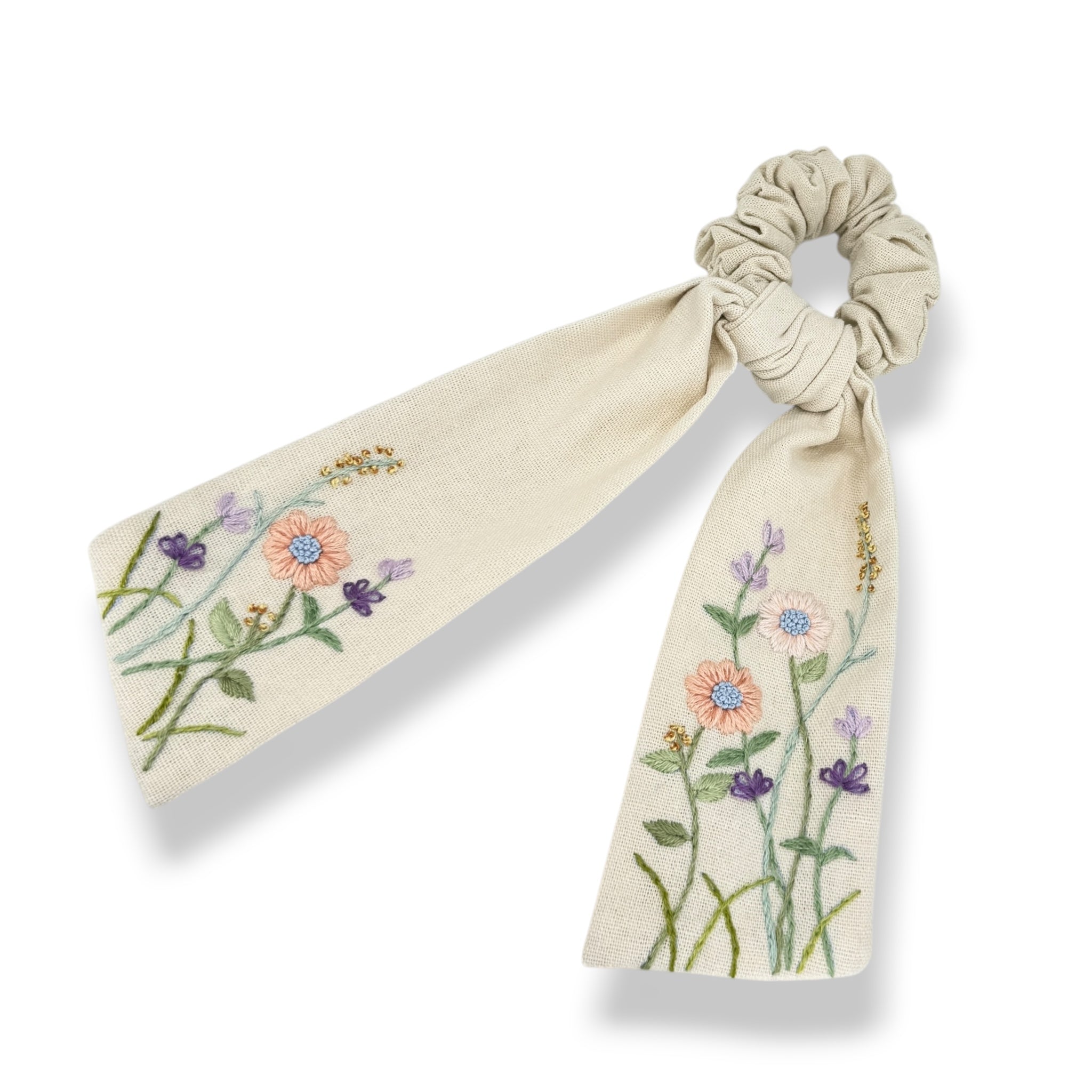 Hand embroidery cute hair accessories for women featuring floral designs on cream fabric scrunchie, ideal flower girl proposal gift for teenage girl.