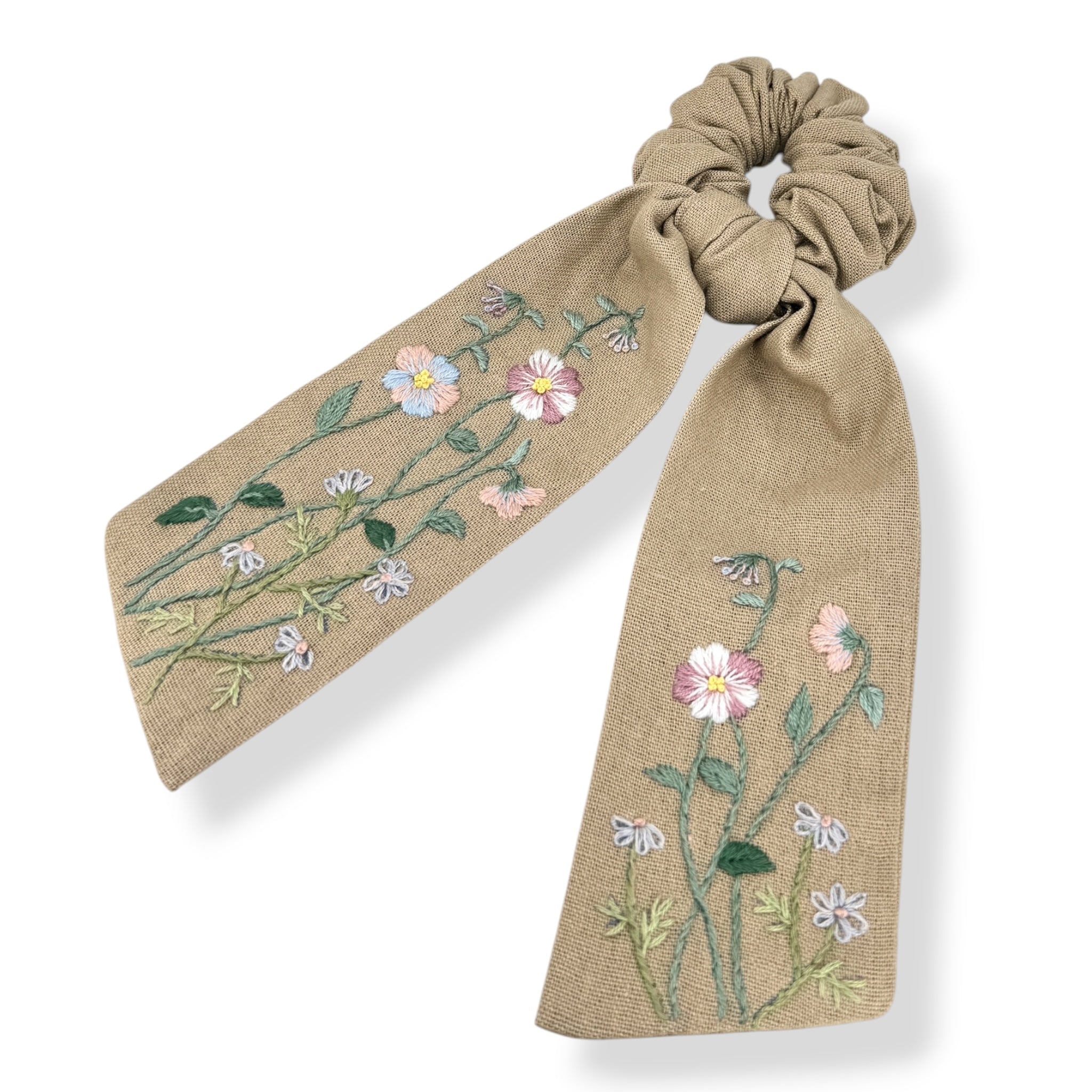 Hand embroidery cute hair accessories for women featuring floral designs on beige linen scrunchie with long tail, ideal gift for teenage girl.