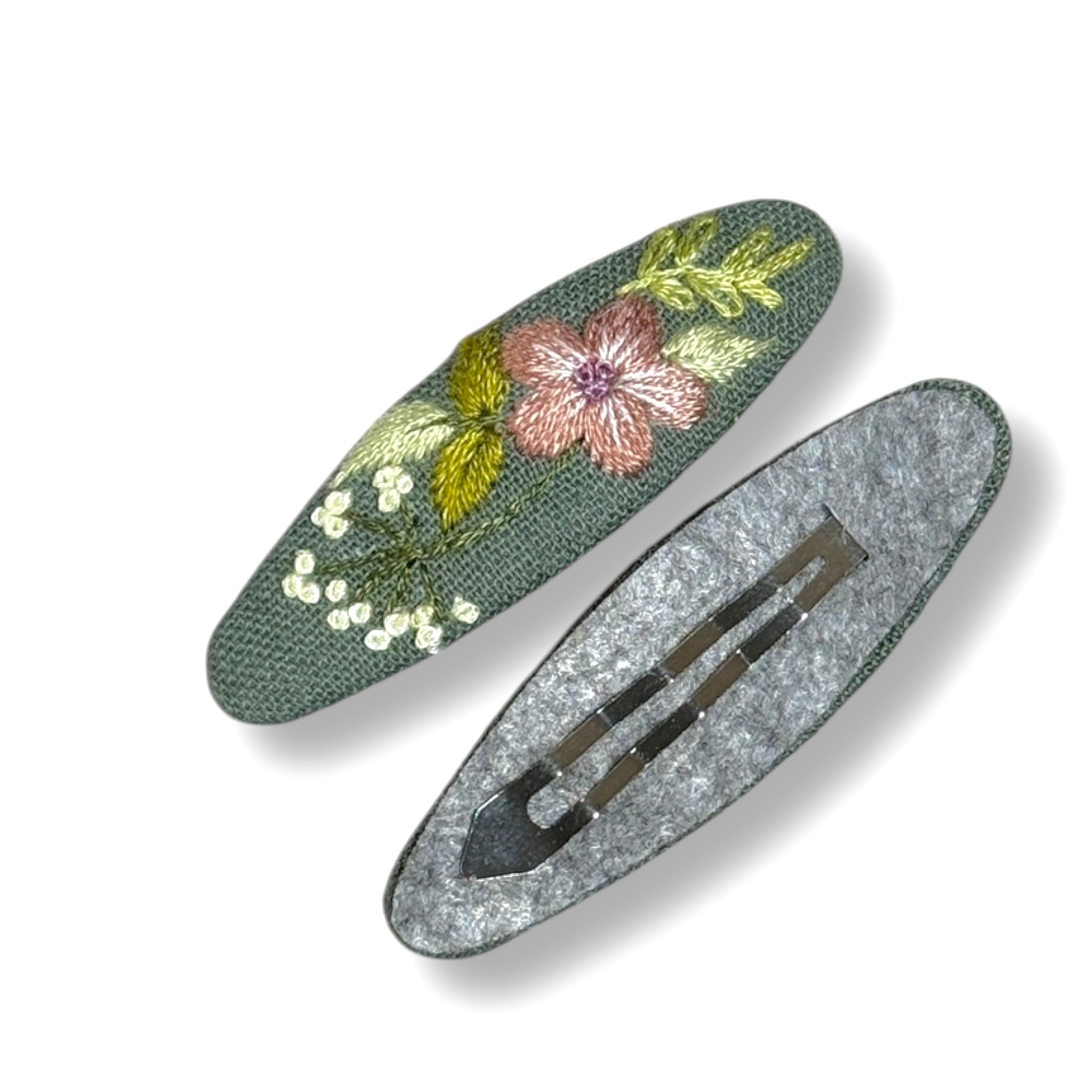 Olive Green Hand Embroidered Hair Clips