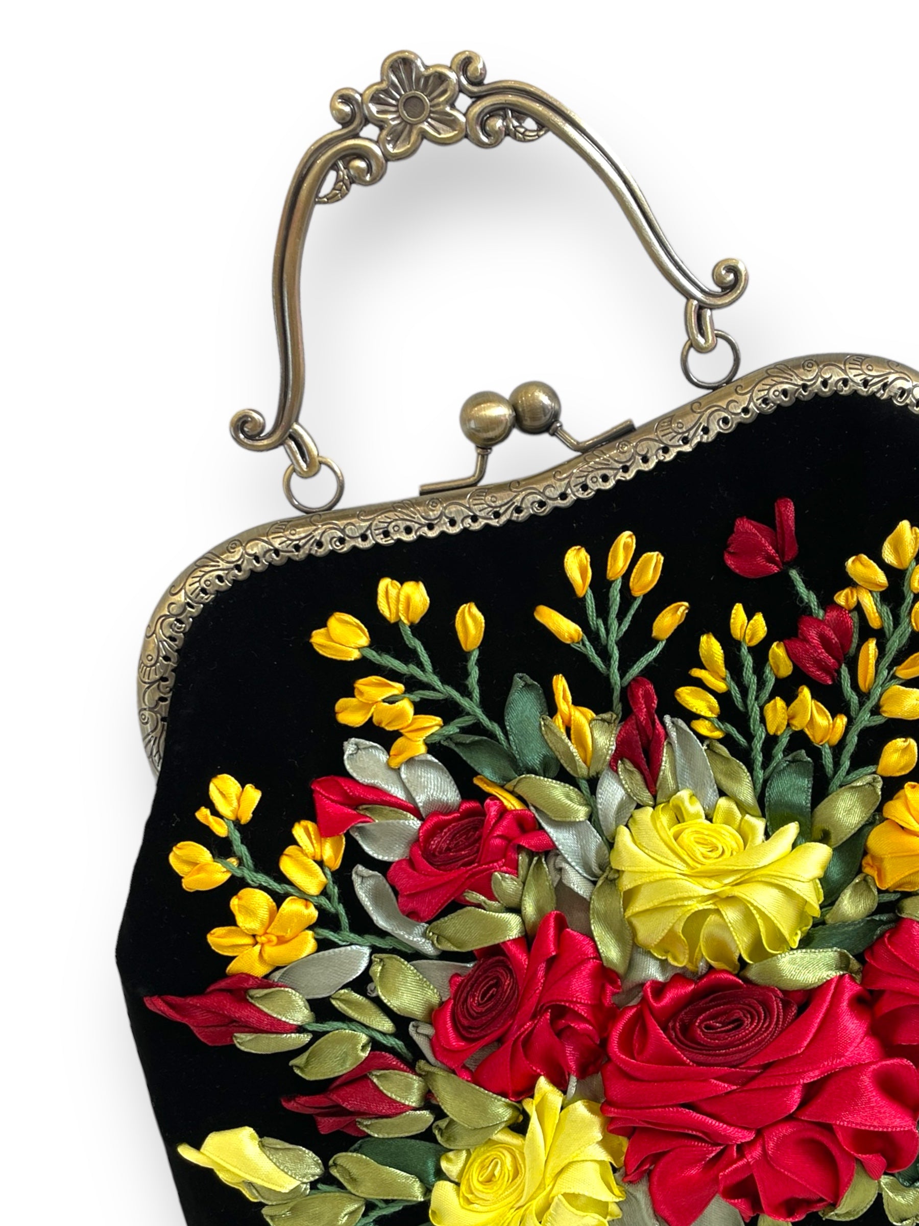 Roses Bouquet Ribbon Embroidery Clutch Velvet Bag