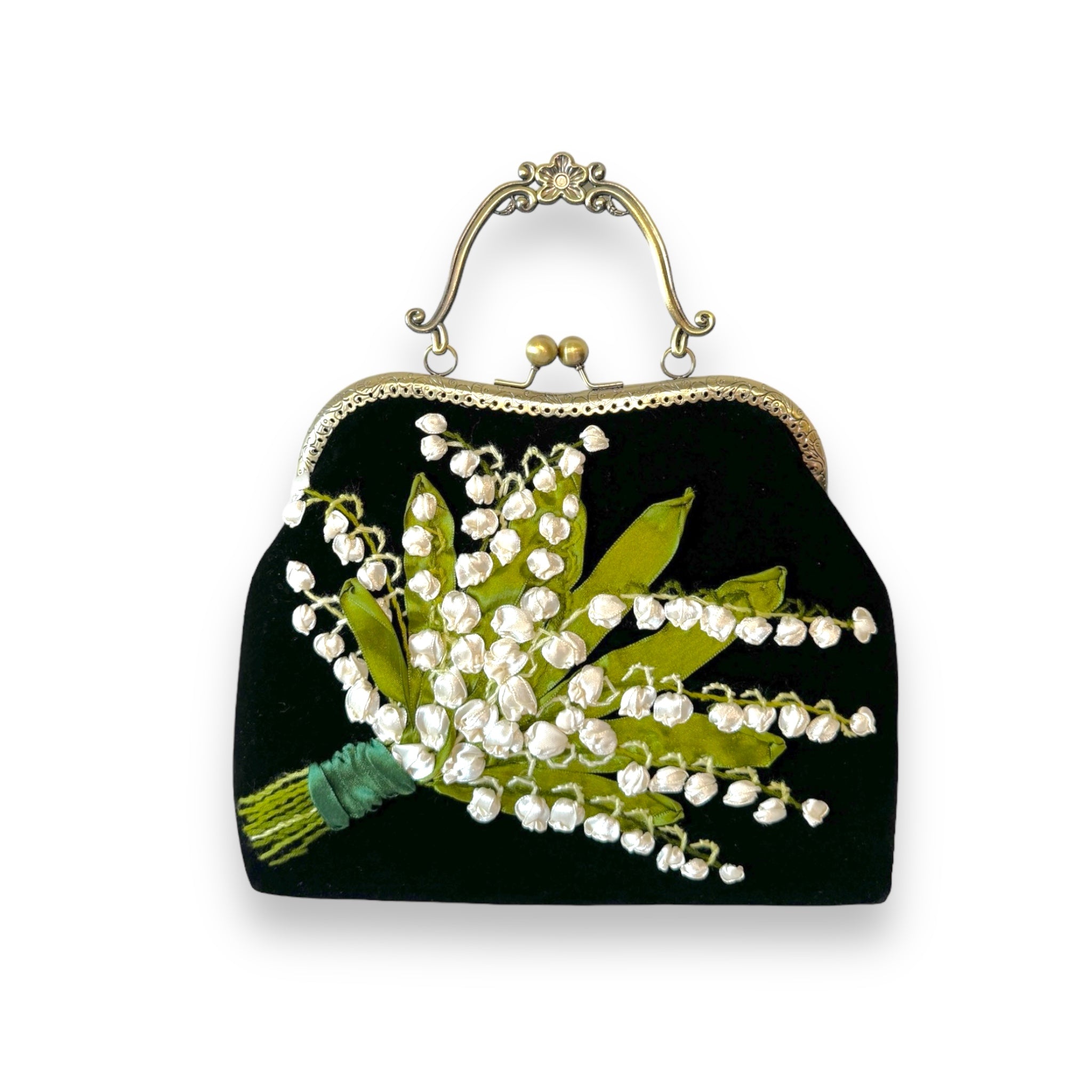Lily of the Valley Ribbon Embroidery Clutch Velvet Bag