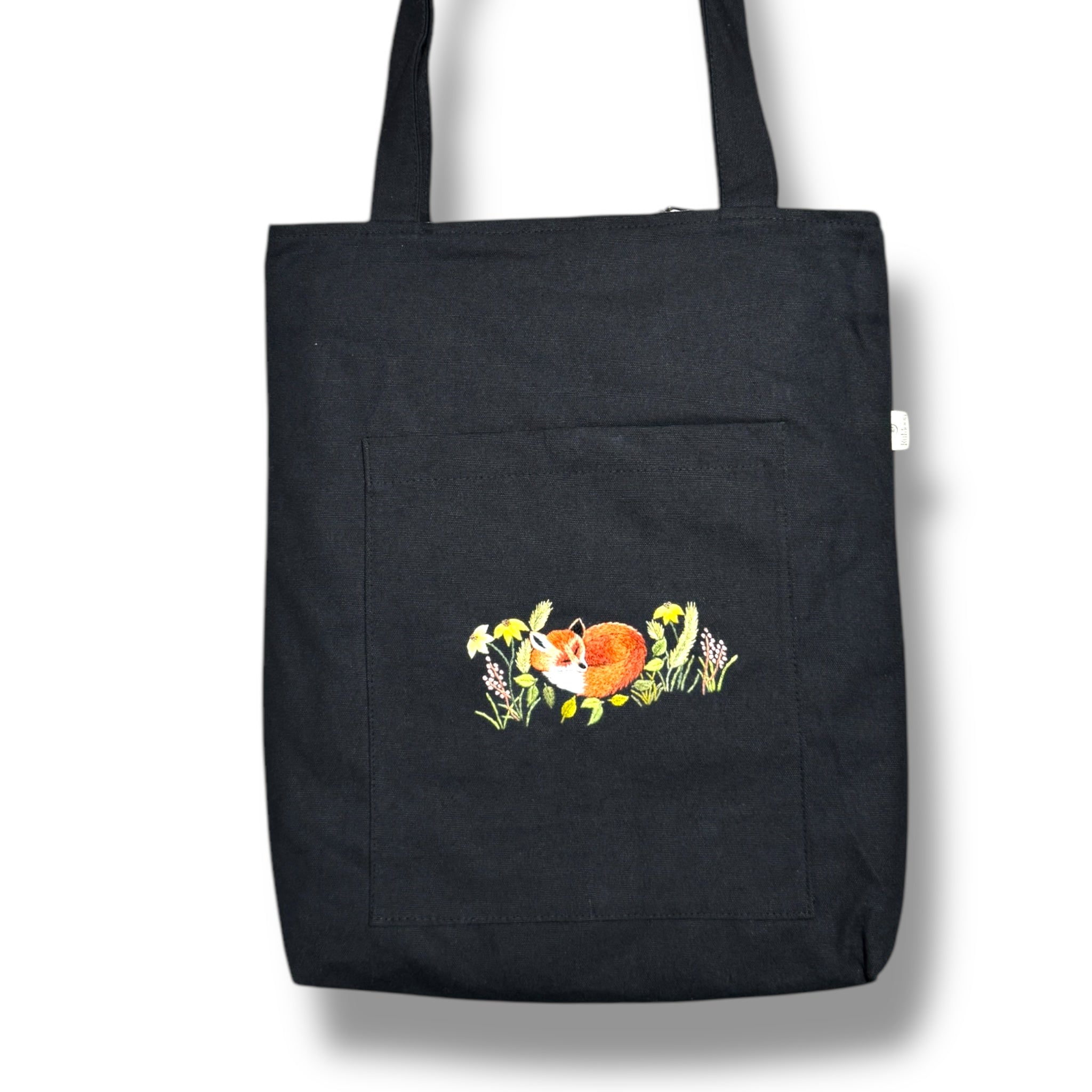 Little Fox Embroidery Tote Bag Black
