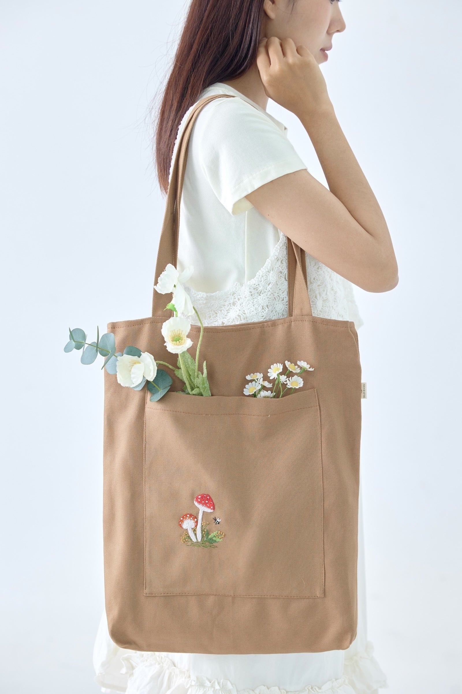 Mushroom Front Pocket Embroidery Tote Bag Brown