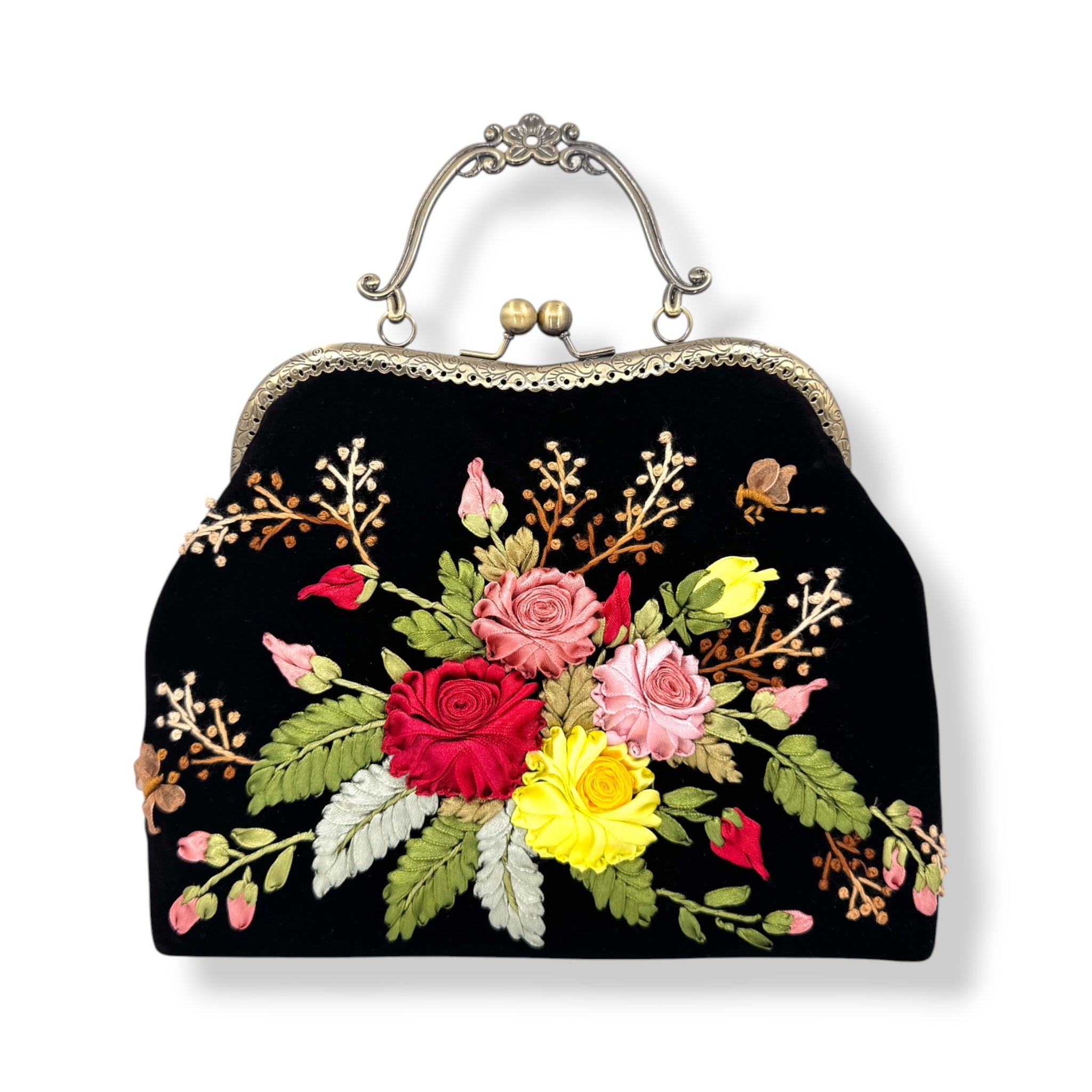 Vintage Roses Bouquet Velvet Ribbon Embroidery Clutch Velvet Bag