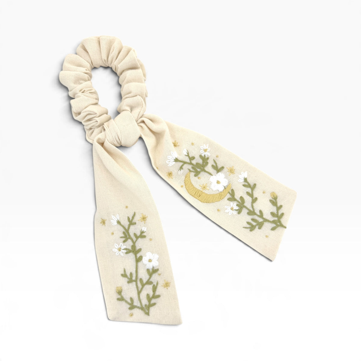Moonlit Embroidered Beige Bow Scrunchies