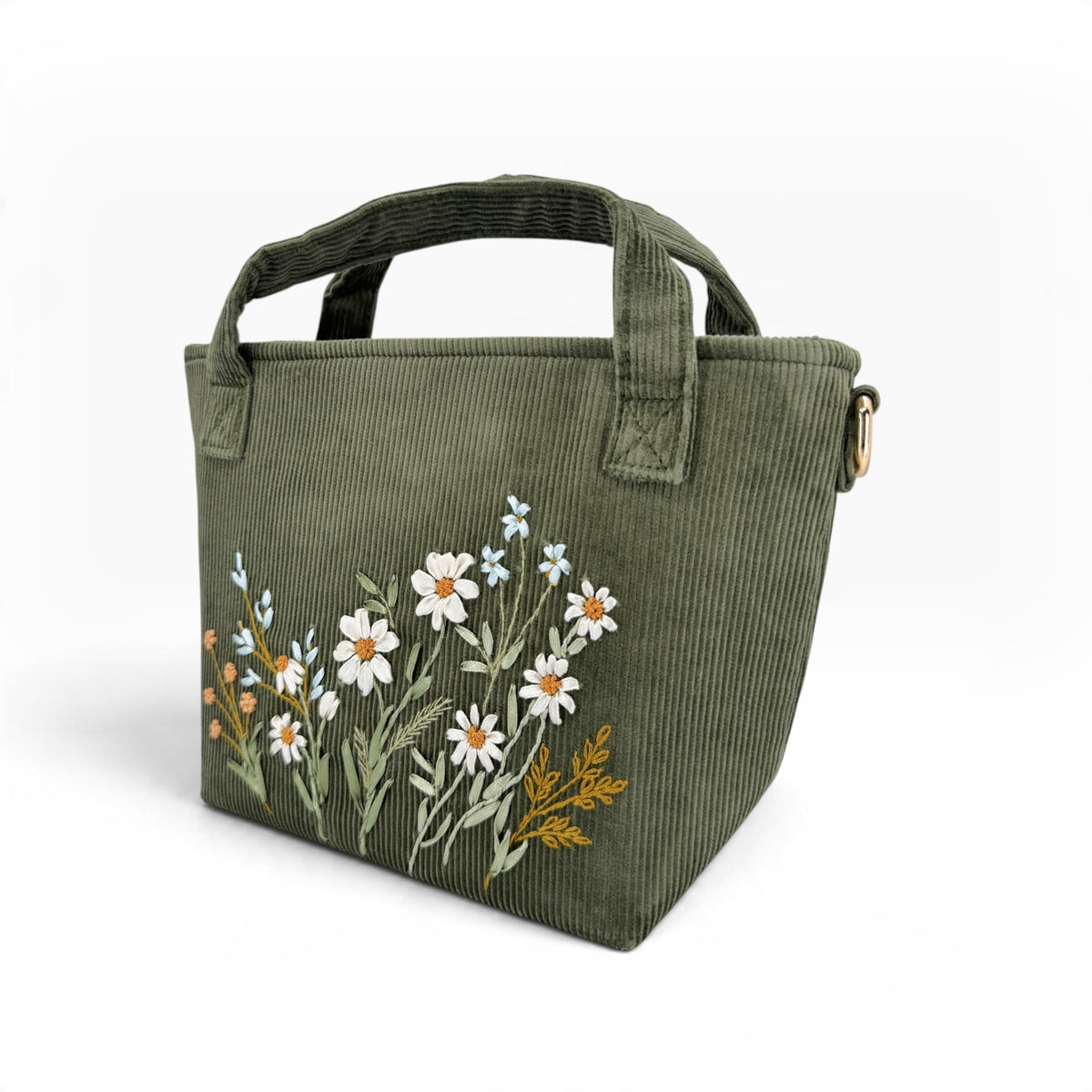 Daisy Wildflowers Ribbon Embroidery Olive Green Velvet Handbag